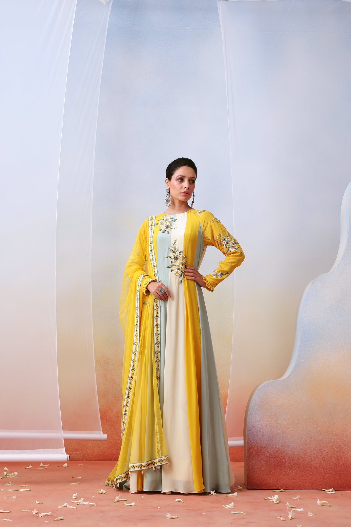 Multi Color Block Embroidered Anarkali Set
