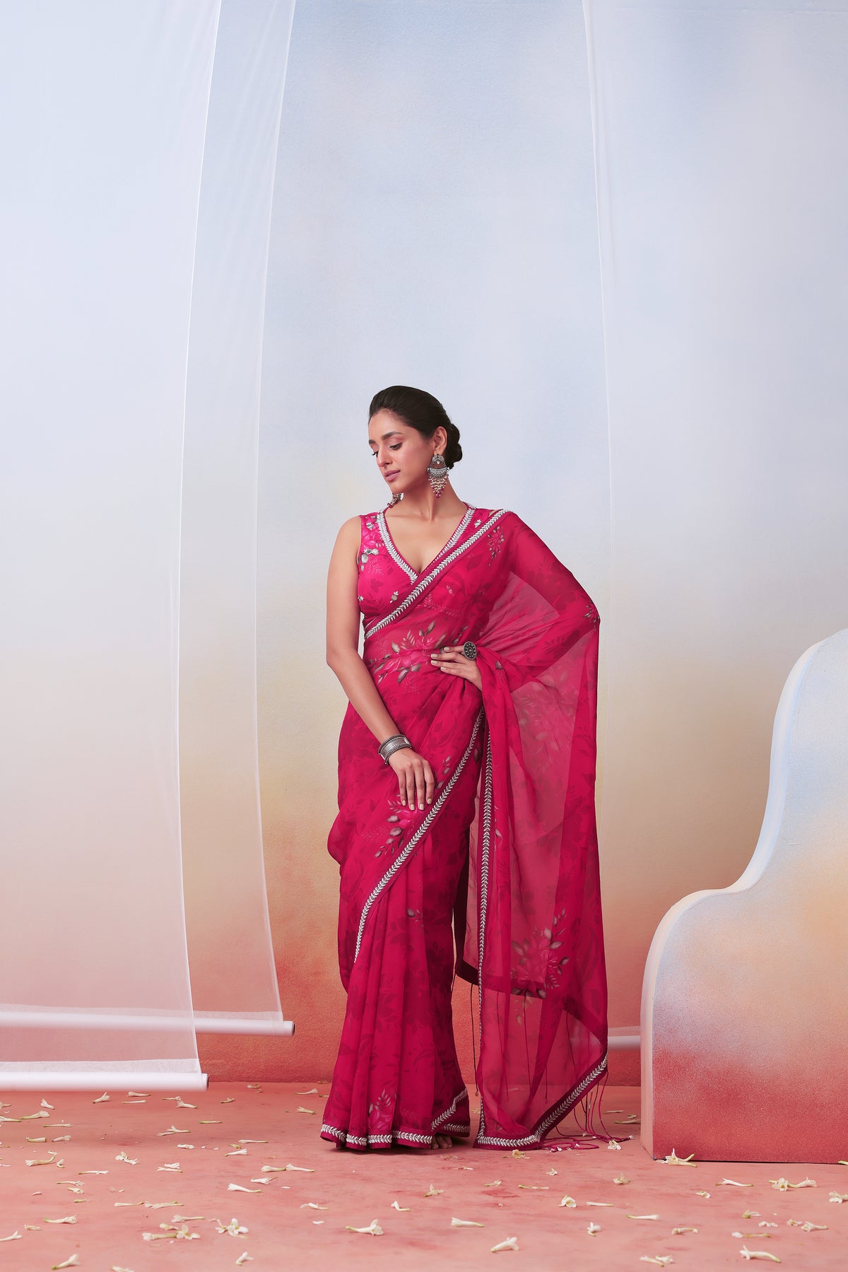 Pink Printed and Embroidered Saree Set