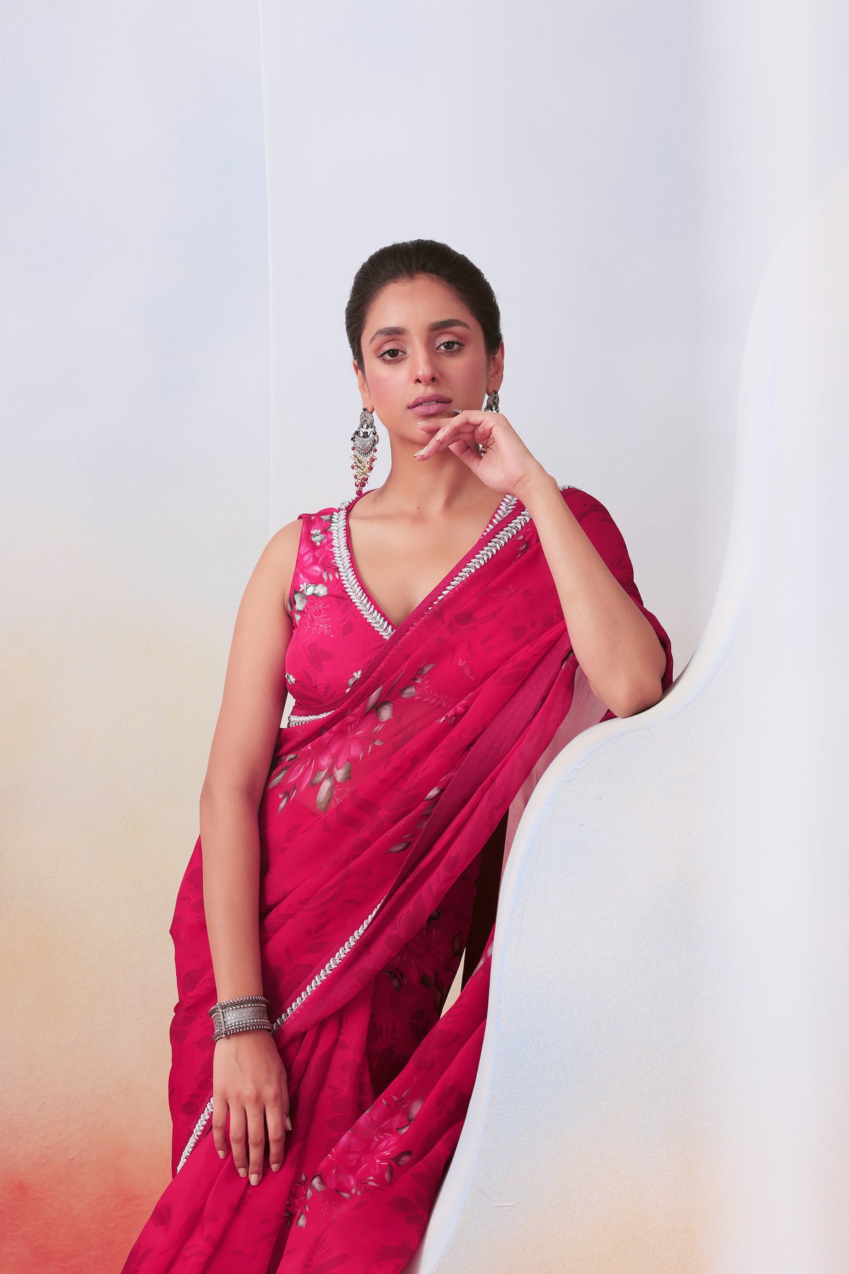 Pink Printed and Embroidered Saree Set