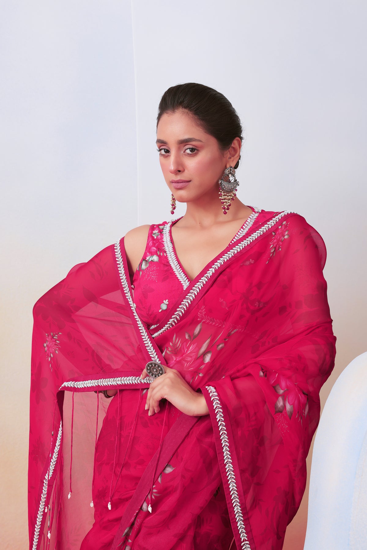 Pink Printed and Embroidered Saree Set