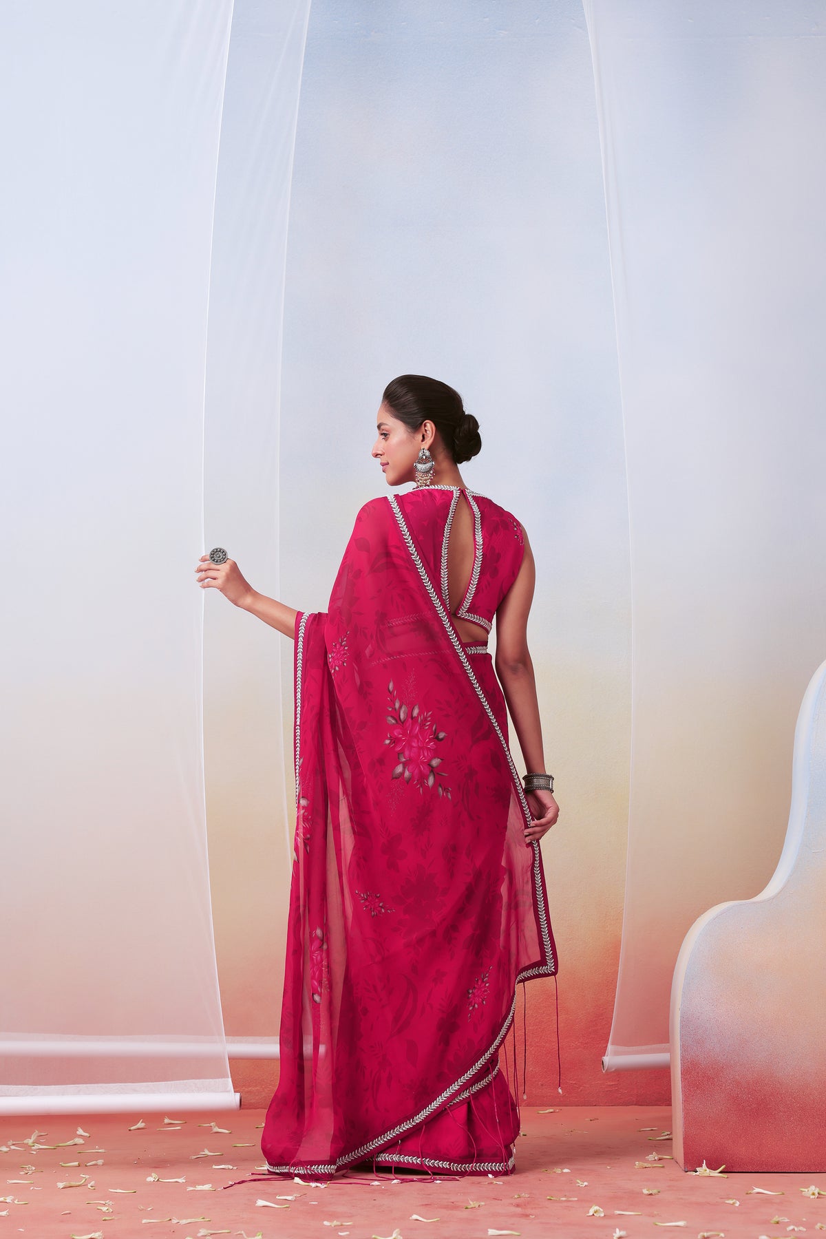 Pink Printed and Embroidered Saree Set