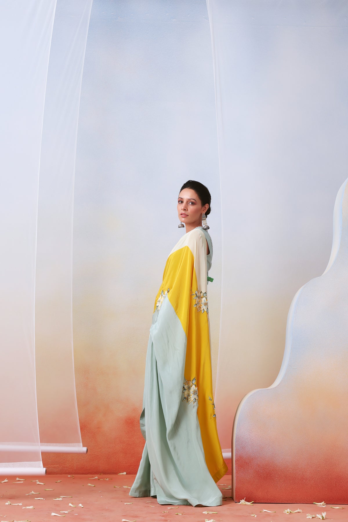Multi Color Block Embroidered Saree Set