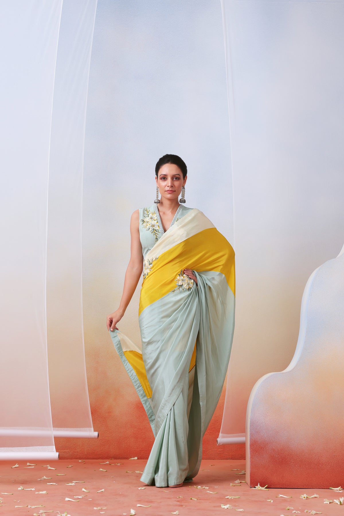 Multi Color Block Embroidered Saree Set