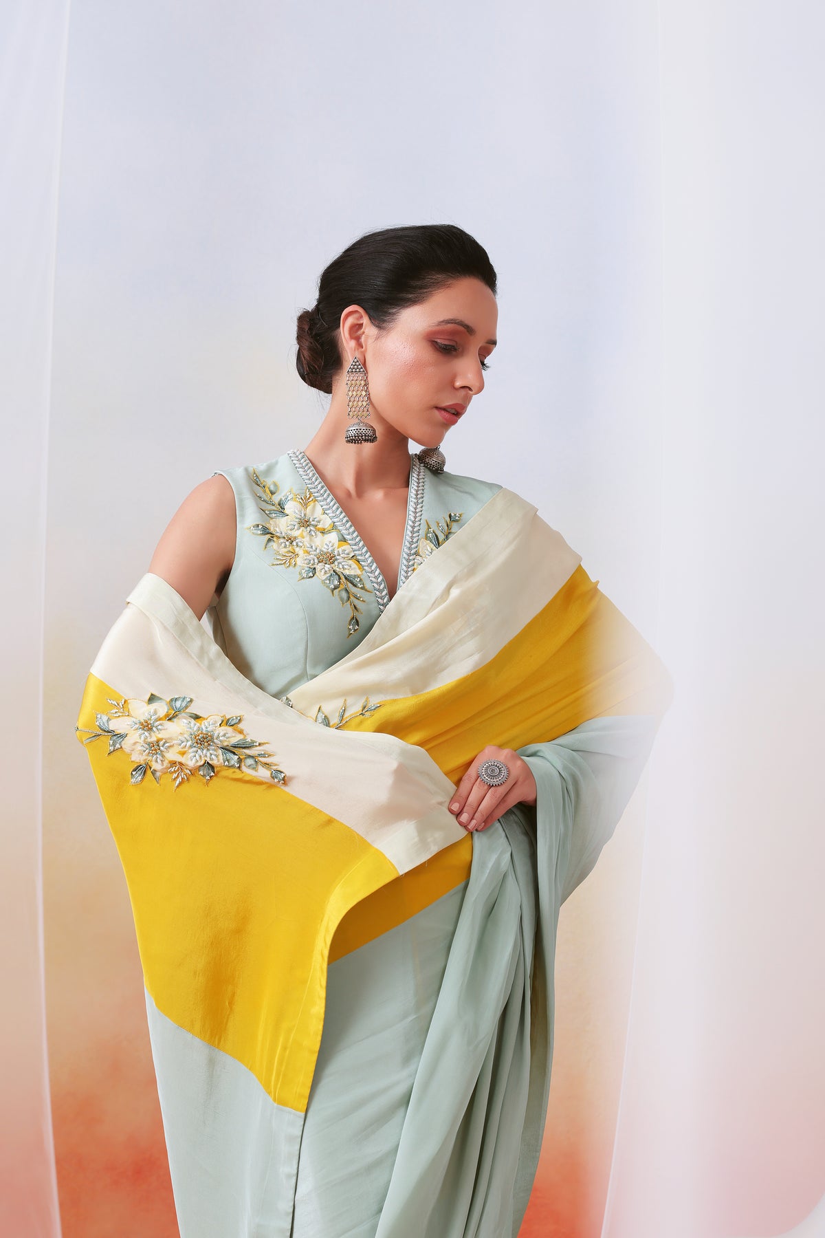 Multi Color Block Embroidered Saree Set