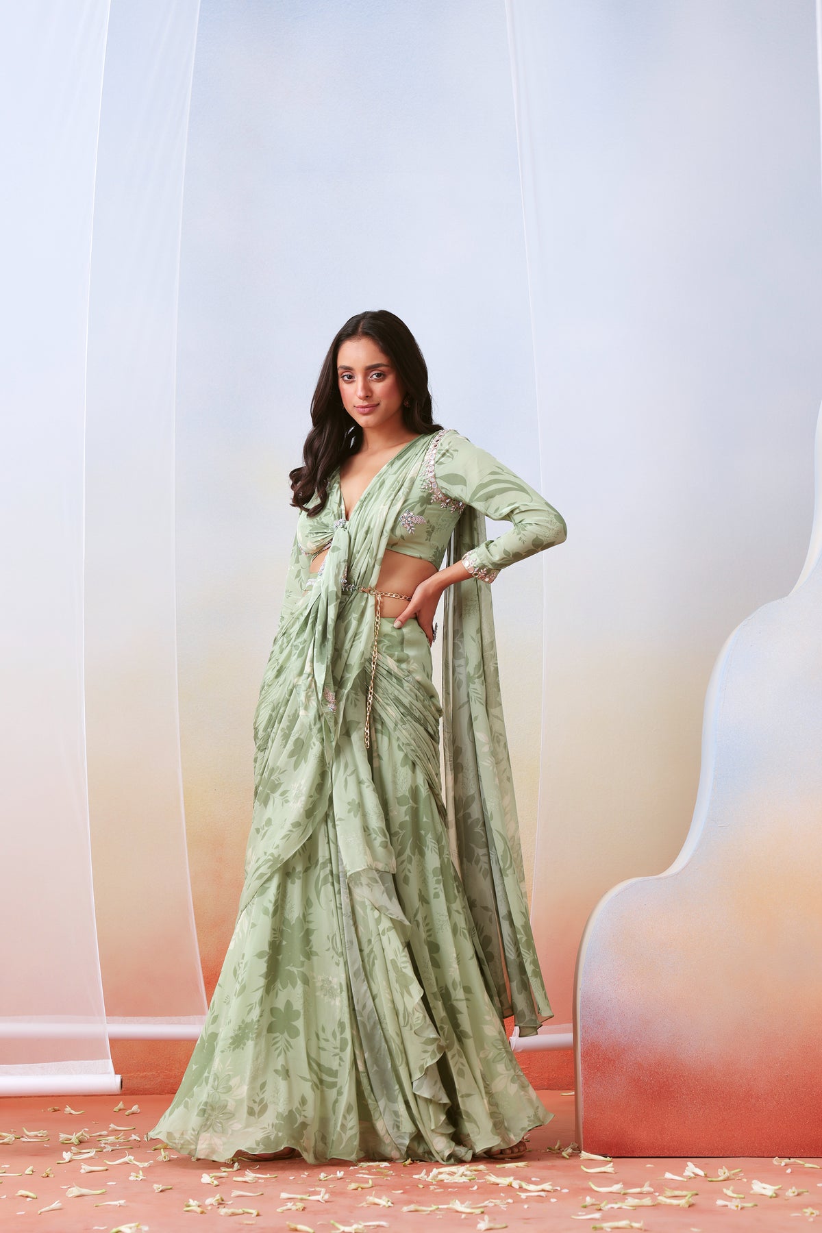 Sage Green Printed Pre Drape Saree Set