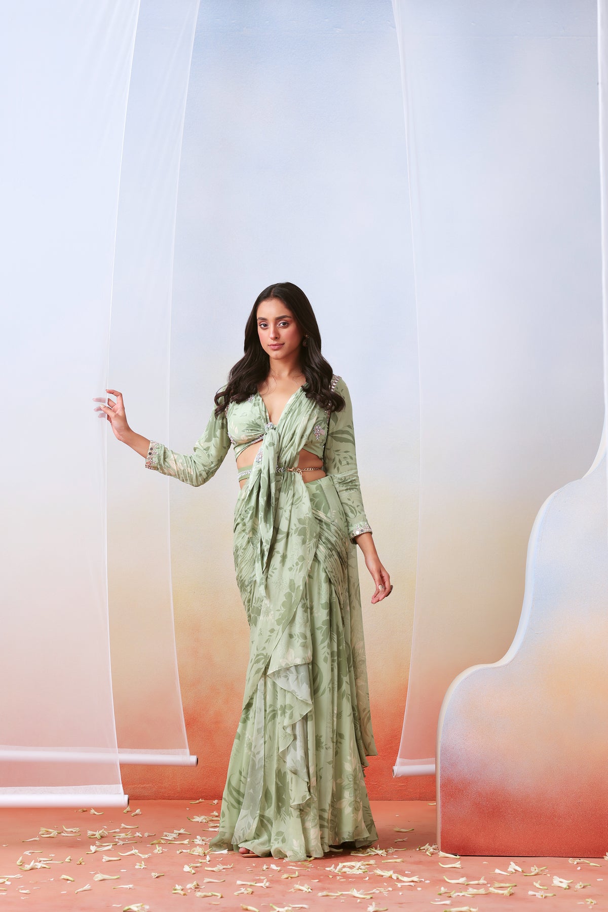 Sage Green Printed Pre Drape Saree Set