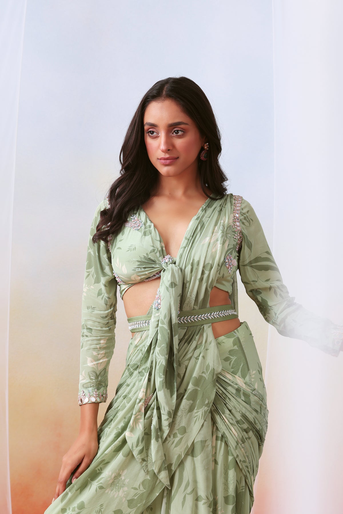 Sage Green Printed Pre Drape Saree Set