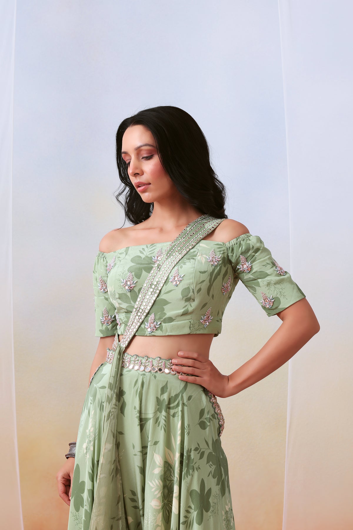 Sage Green Printed Sharara Set