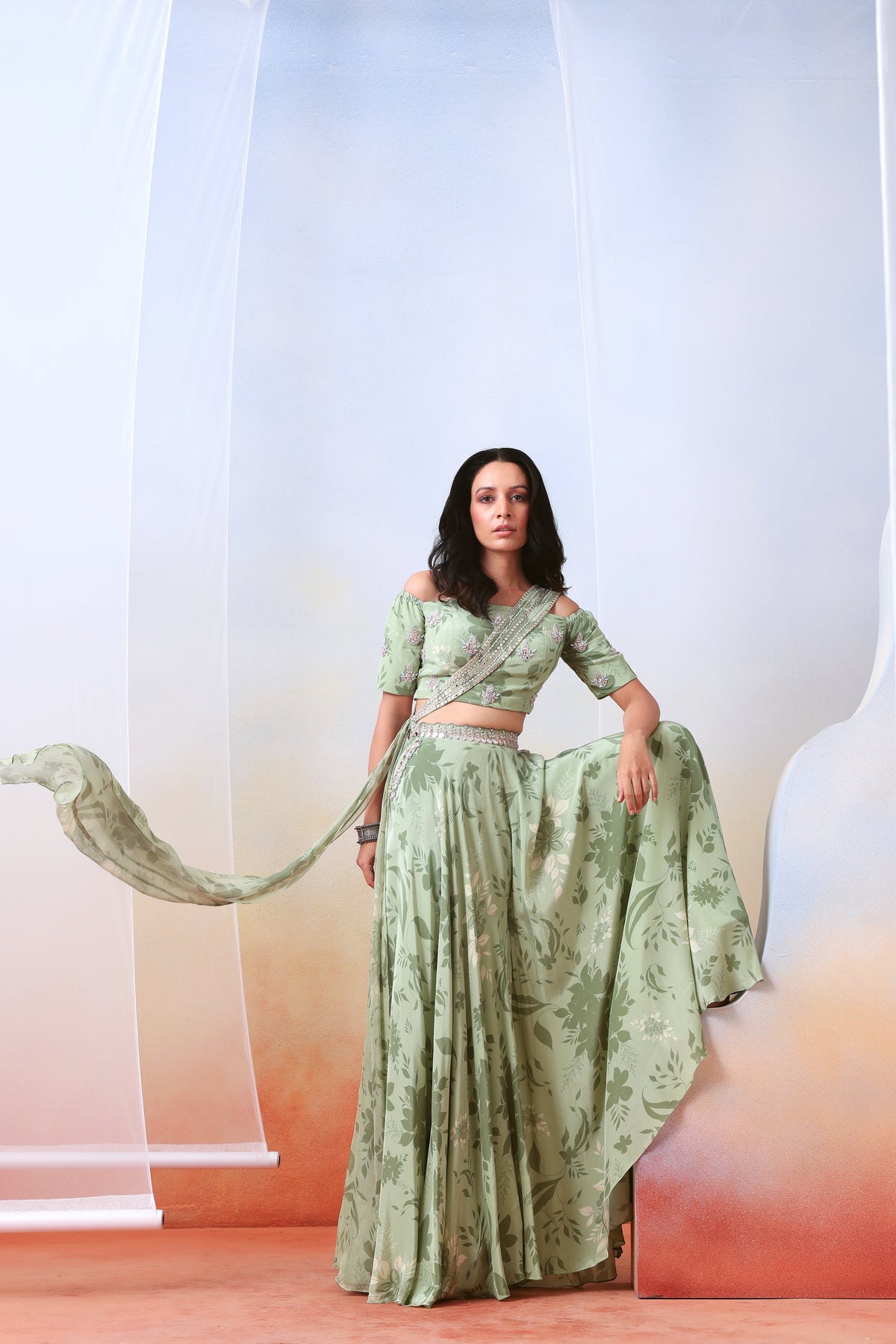 Sage Green Printed Sharara Set