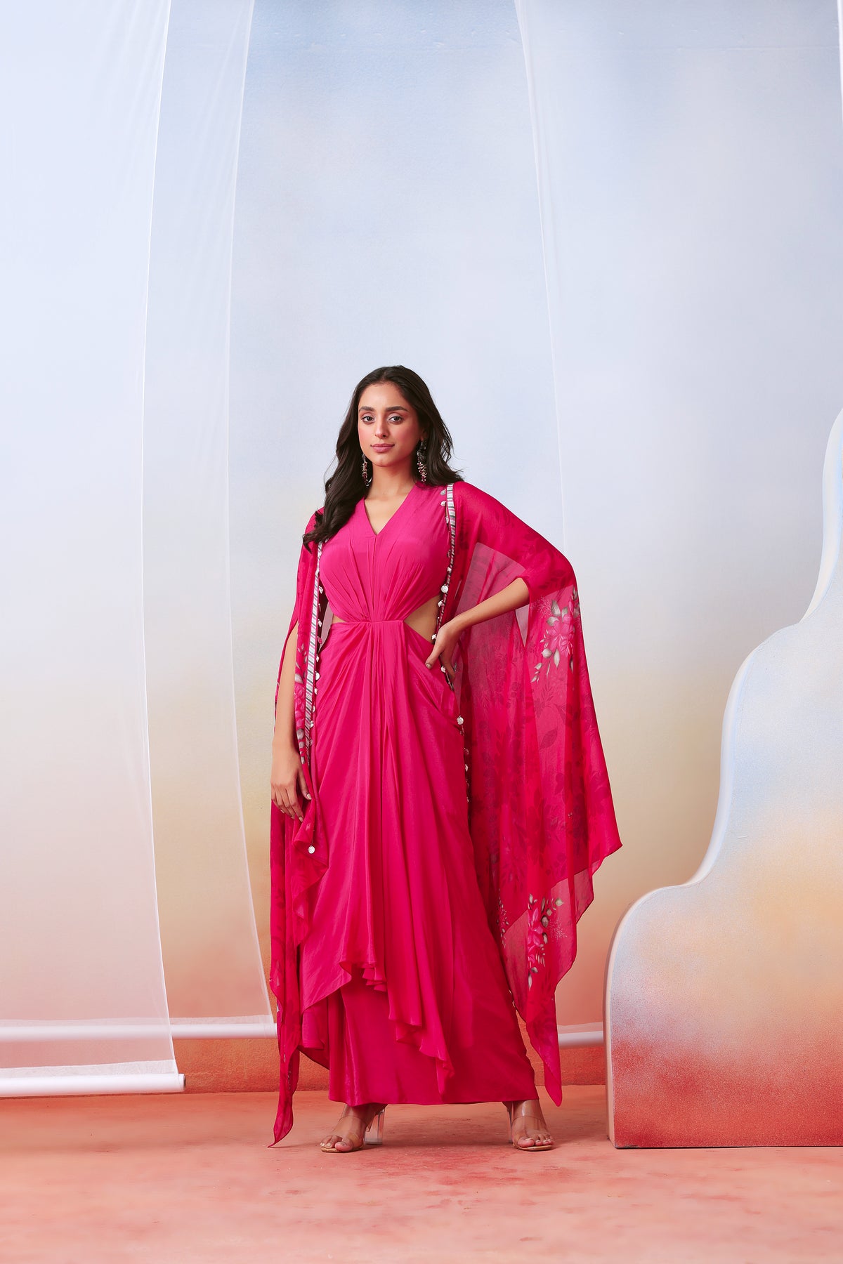 Pink Drape Dress With Printed Cape Jacket