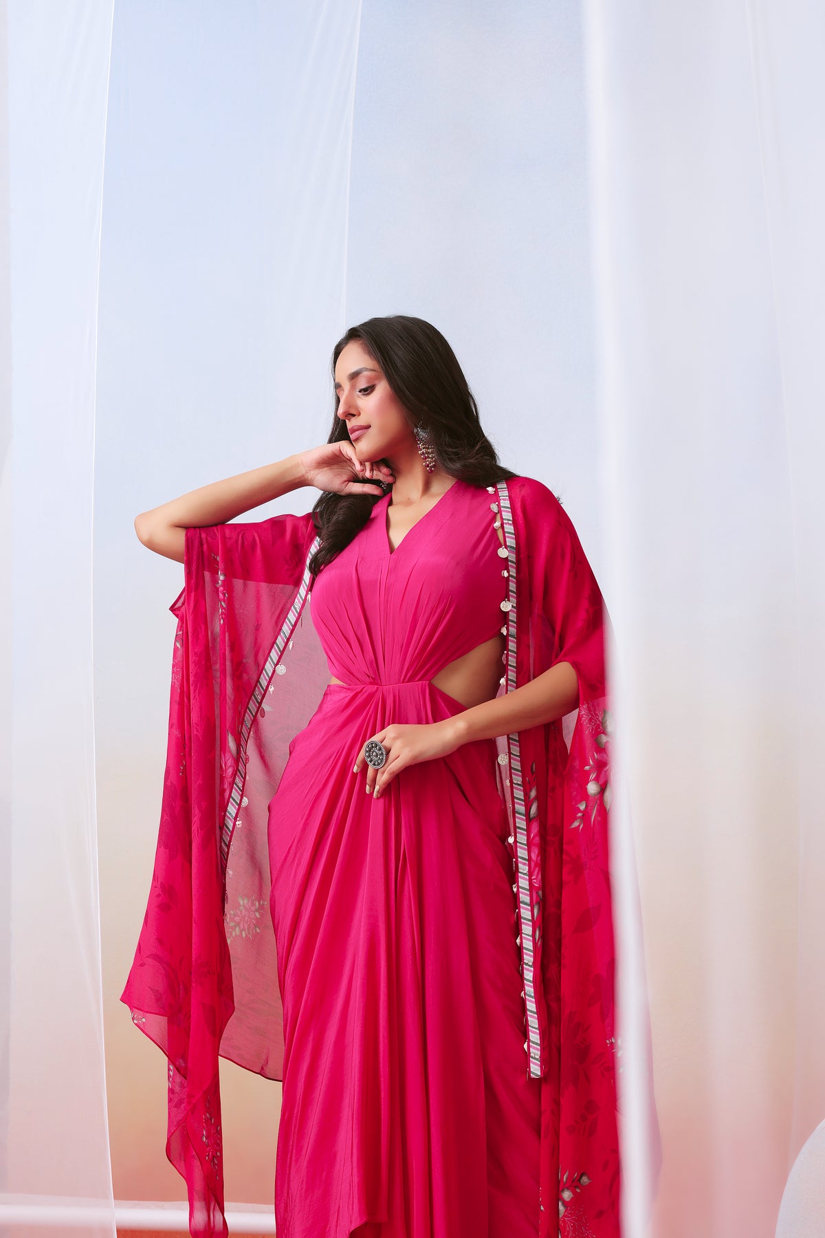 Pink Drape Dress With Printed Cape Jacket