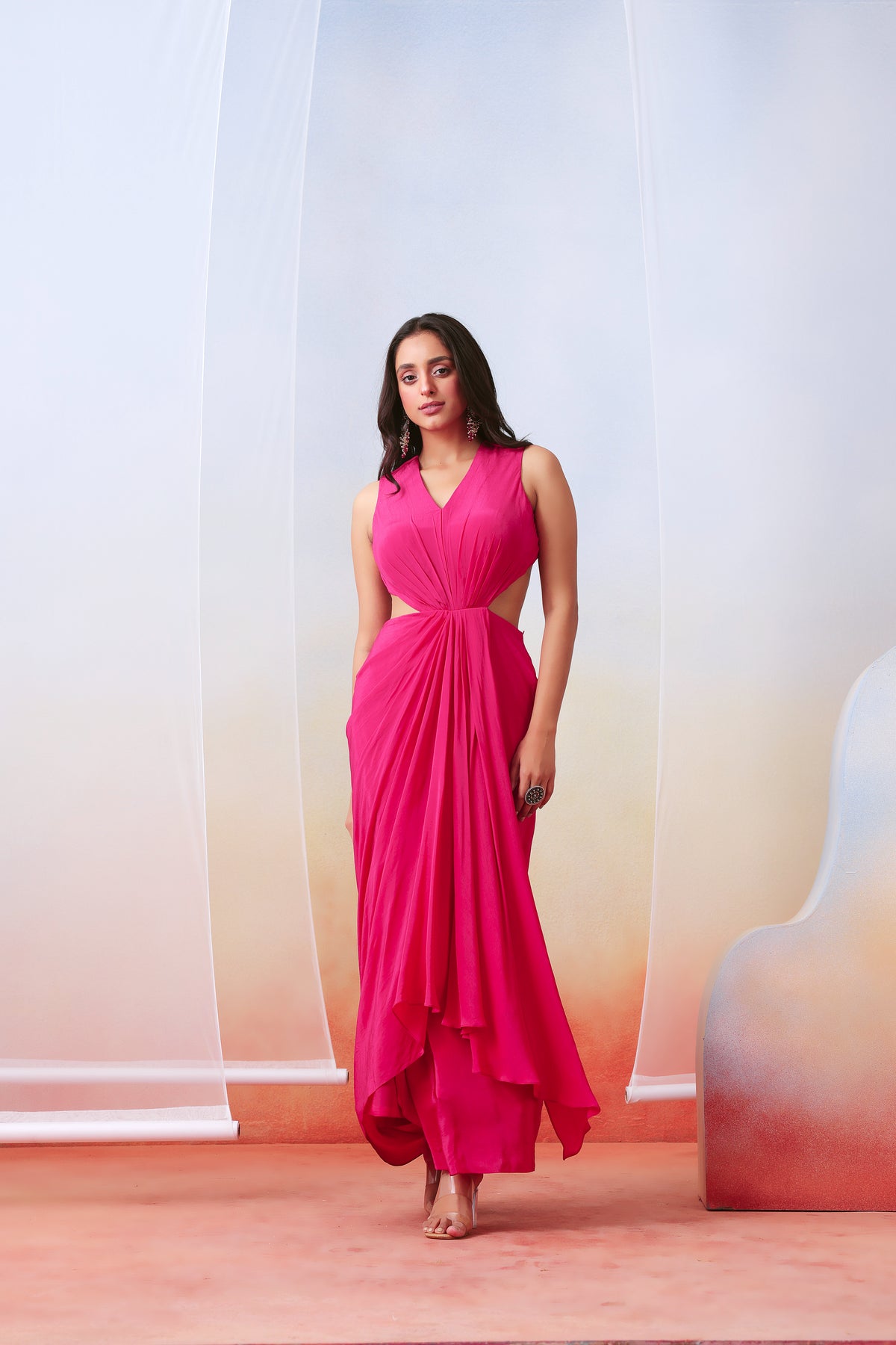 Pink Drape Dress With Printed Cape Jacket