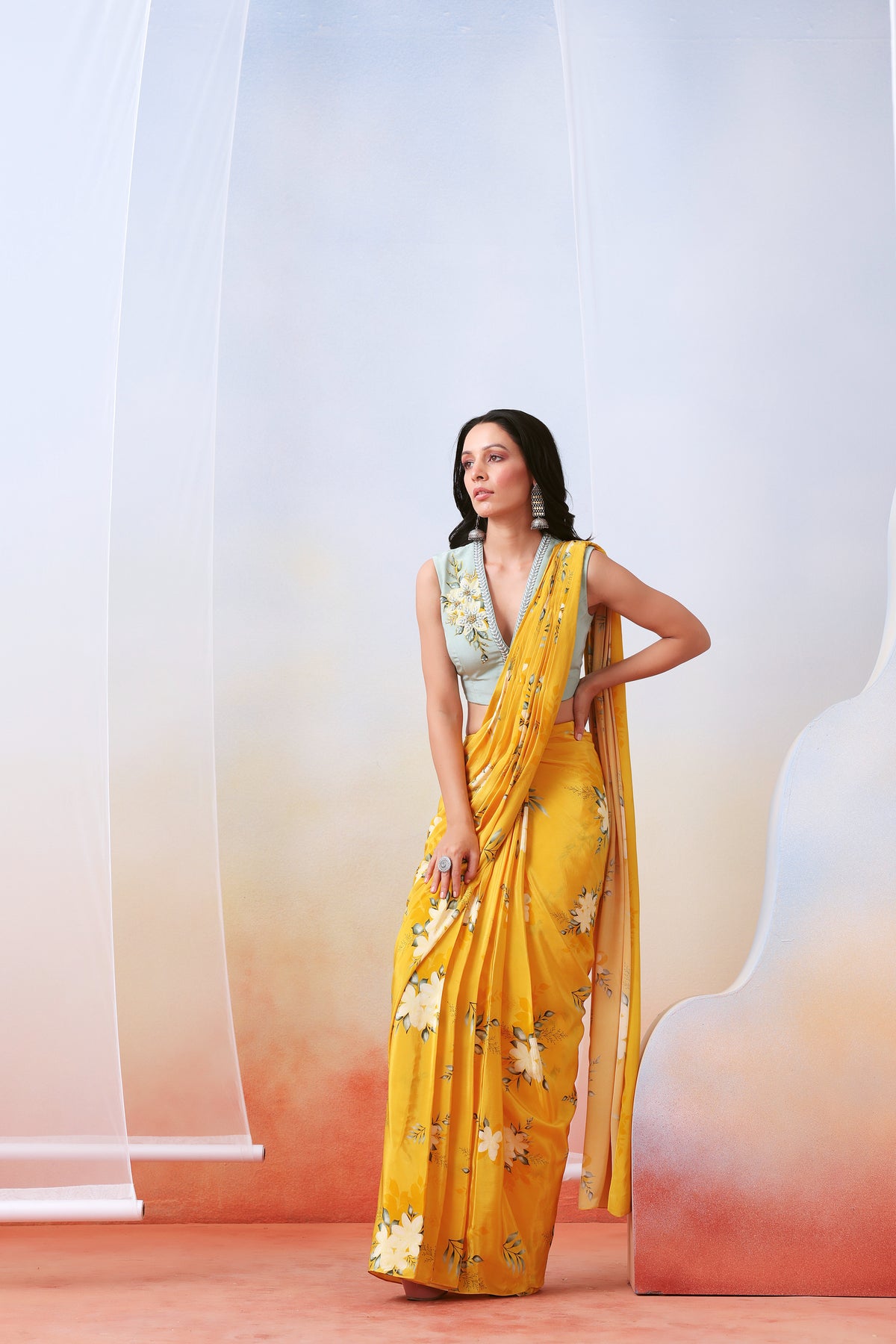 Yellow Printed Pre Stitched Saree Set
