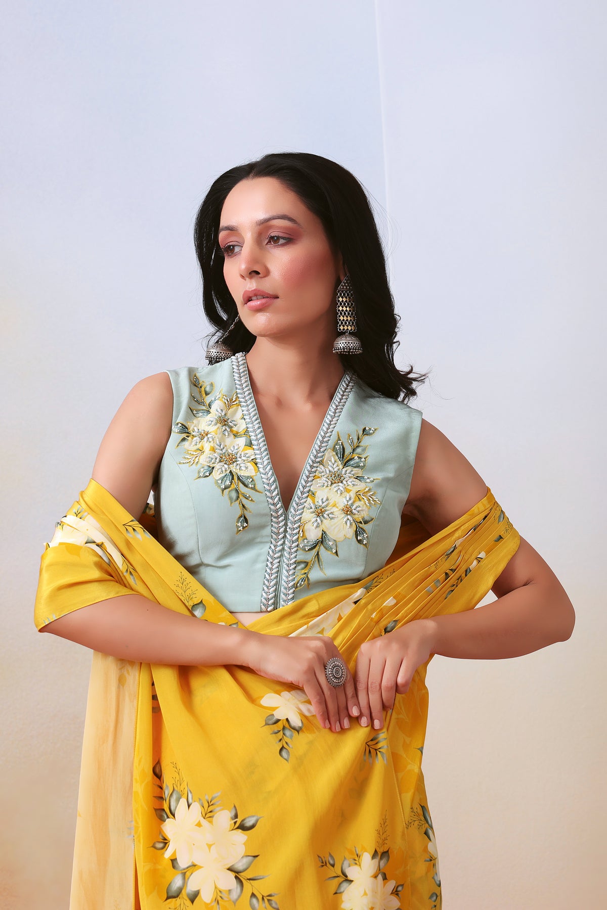 Yellow Printed Pre Stitched Saree Set