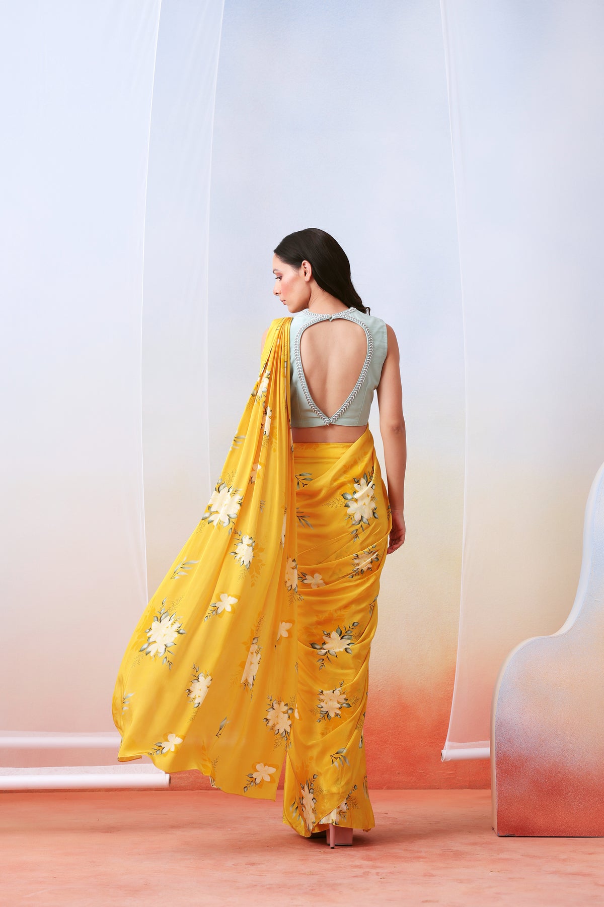 Yellow Printed Pre Stitched Saree Set