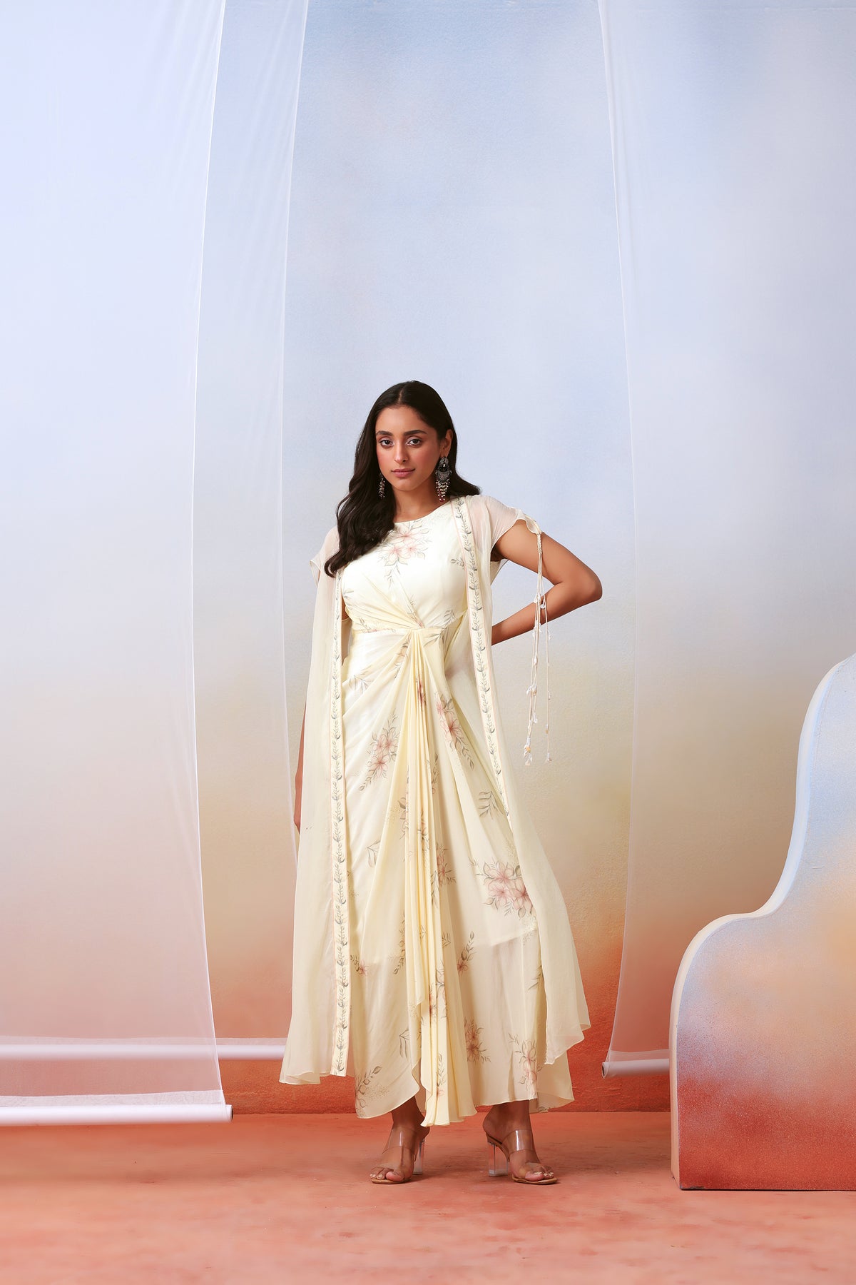 Off White Drape Dress With Cape