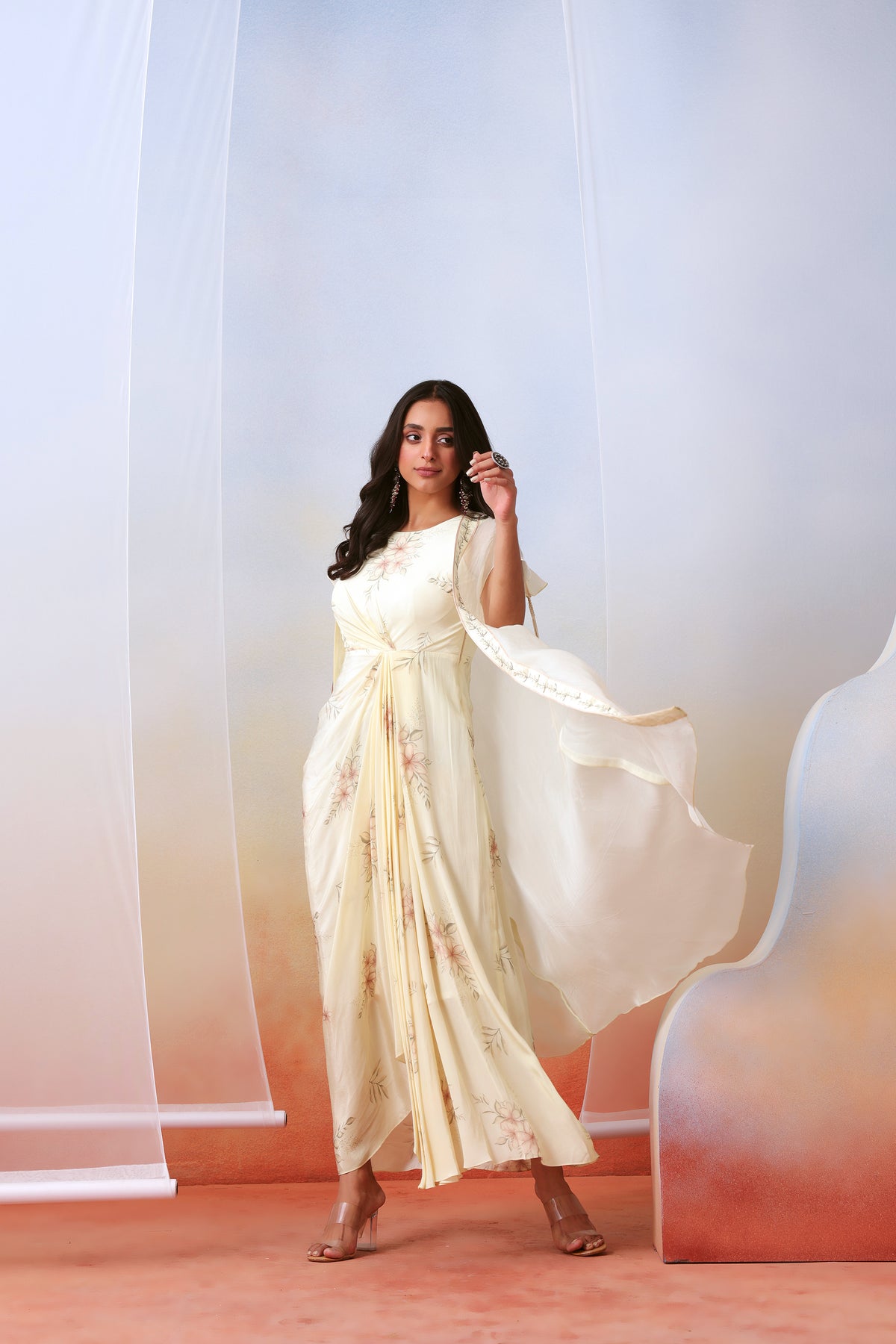 Off White Drape Dress With Cape