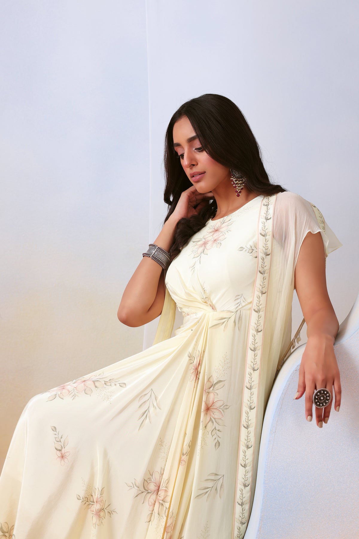 Off White Drape Dress With Cape