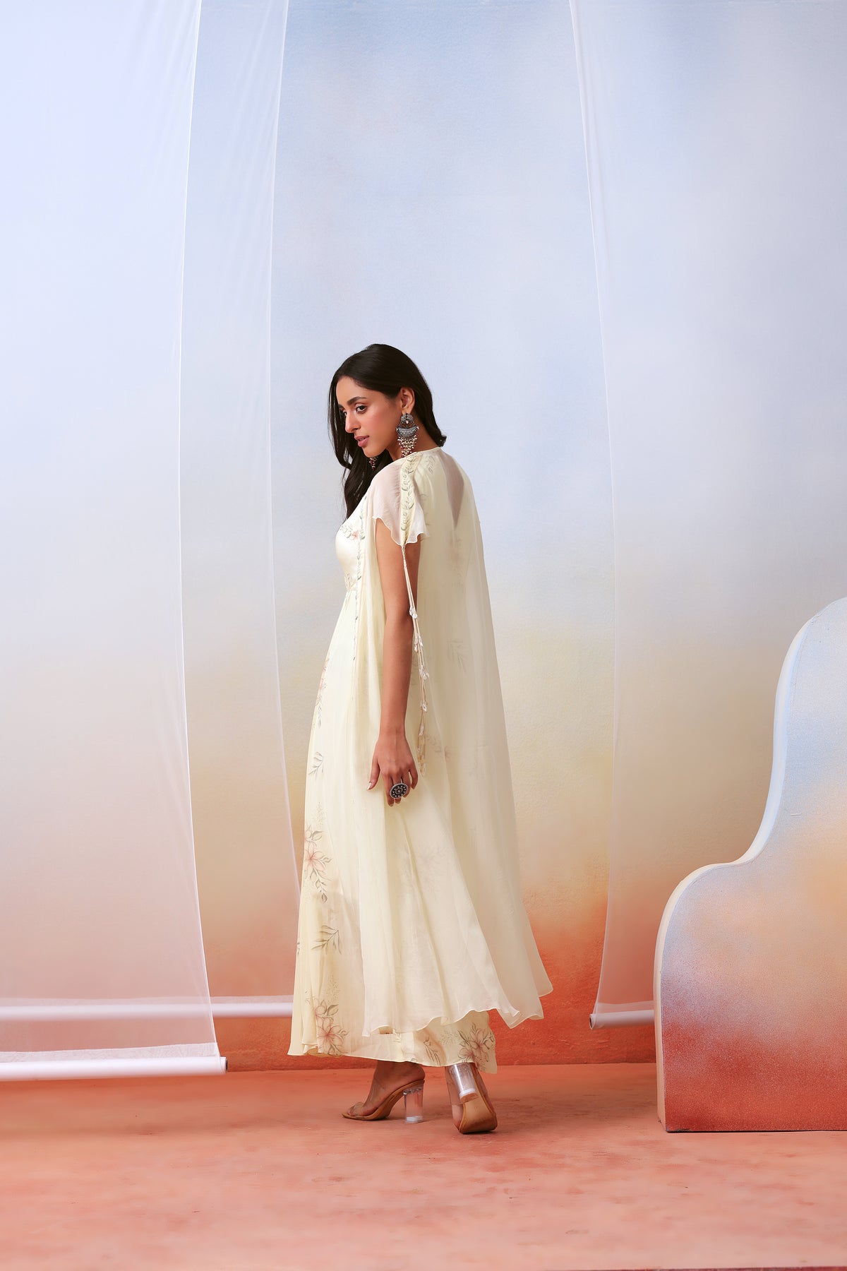 Off White Drape Dress With Cape