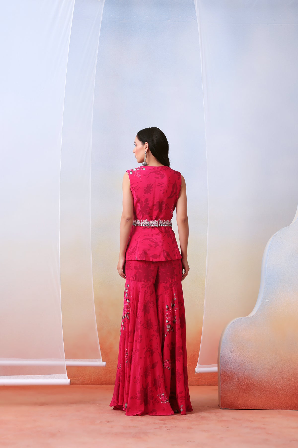 Pink Printed Sharara With Cape