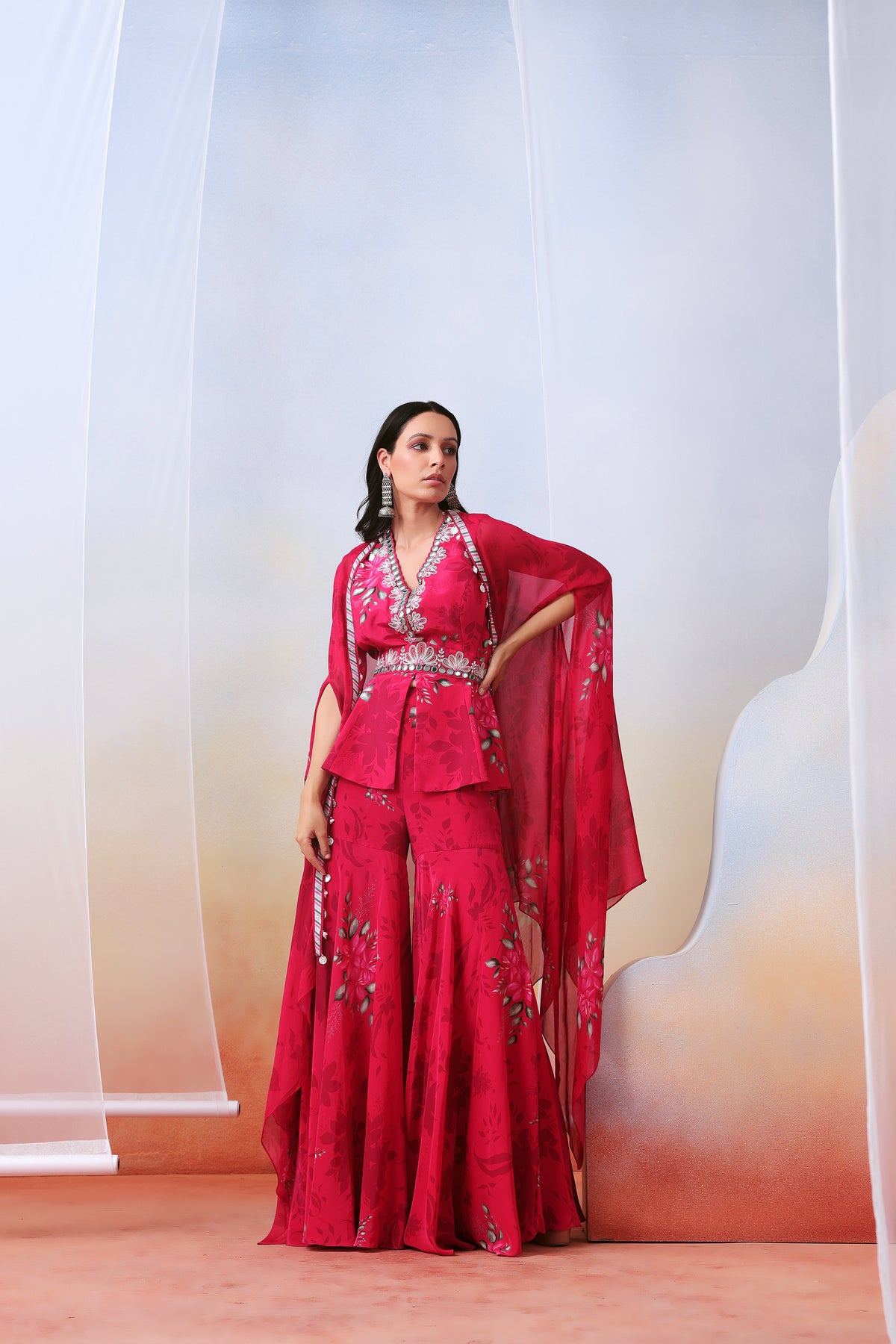 Pink Printed Sharara With Cape
