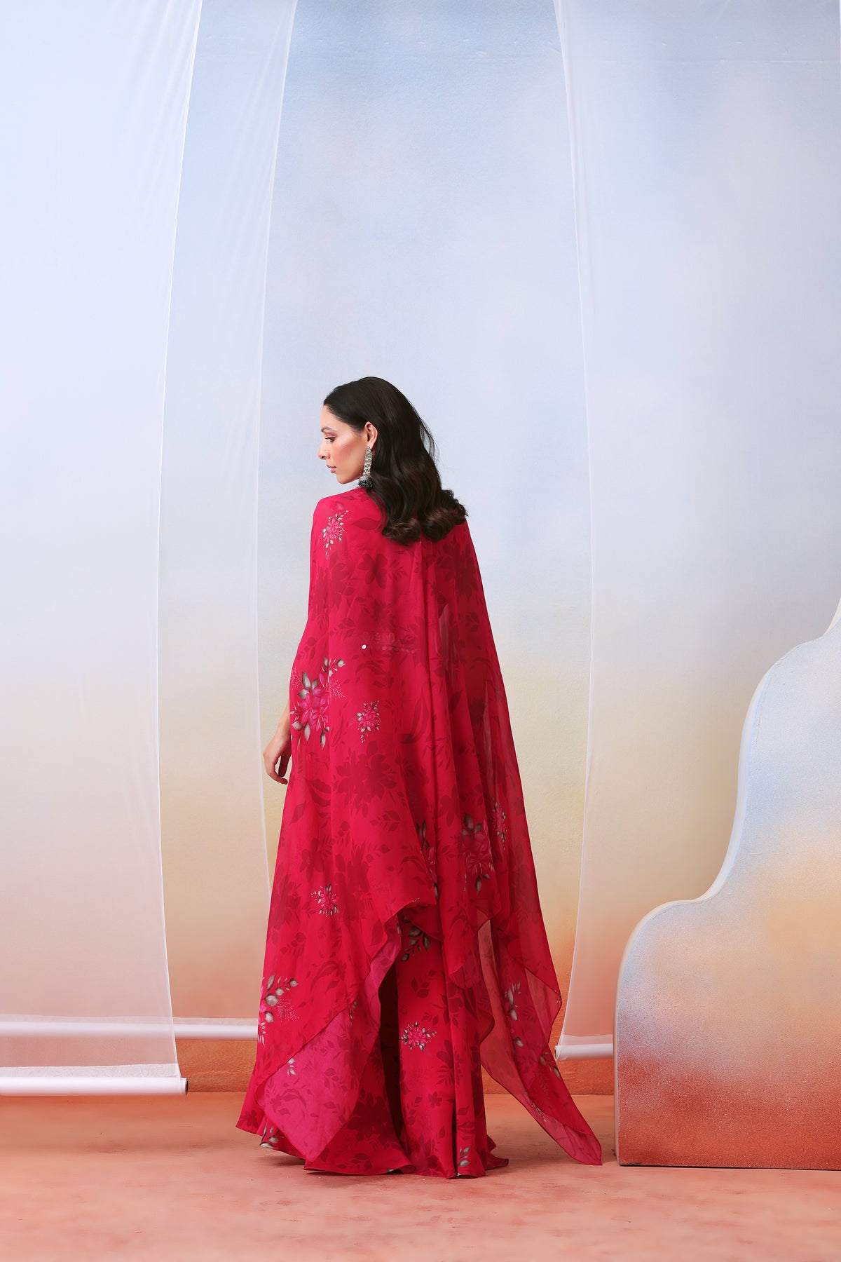 Pink Printed Sharara With Cape