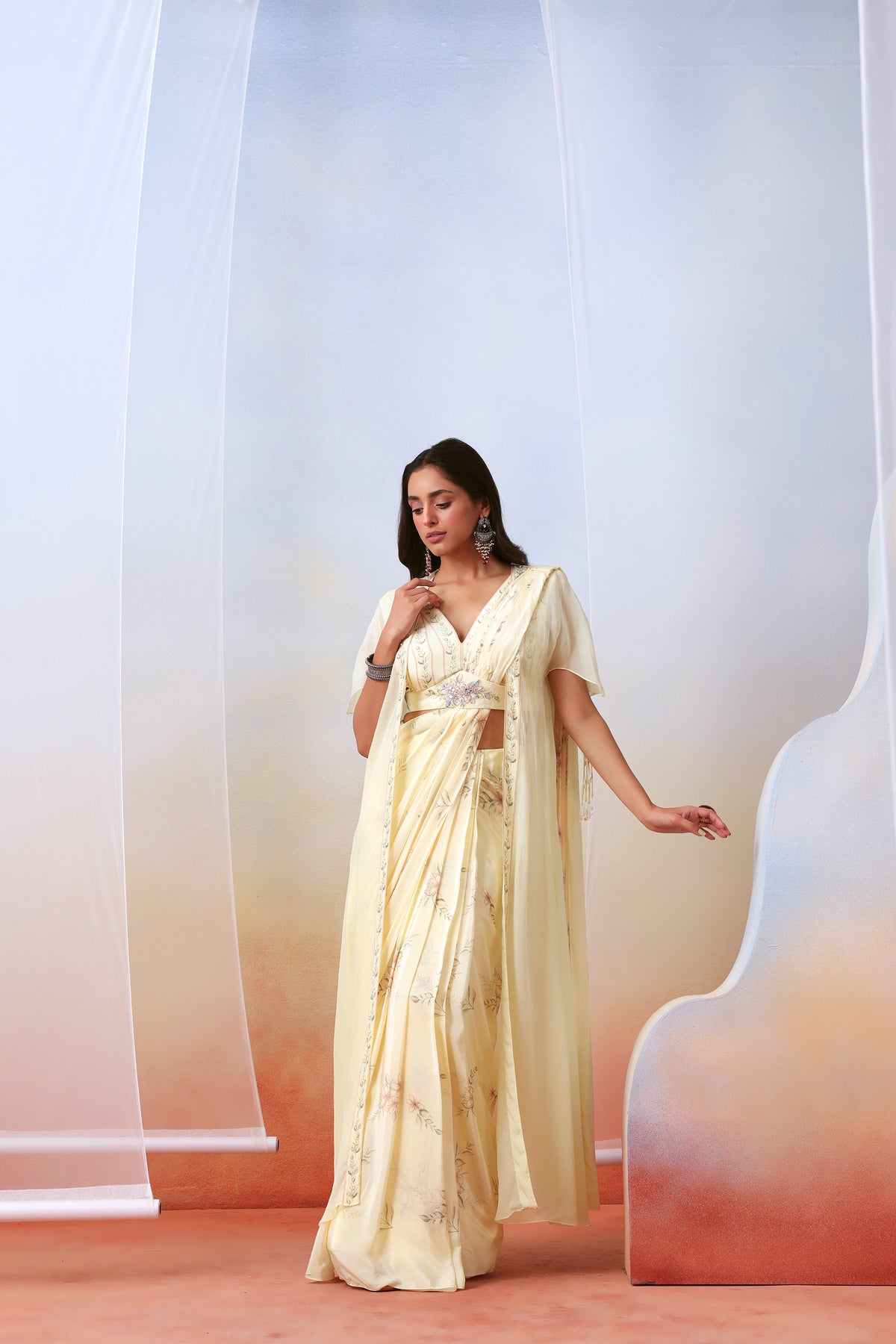 Off White Pre Stitched Saree With Cape