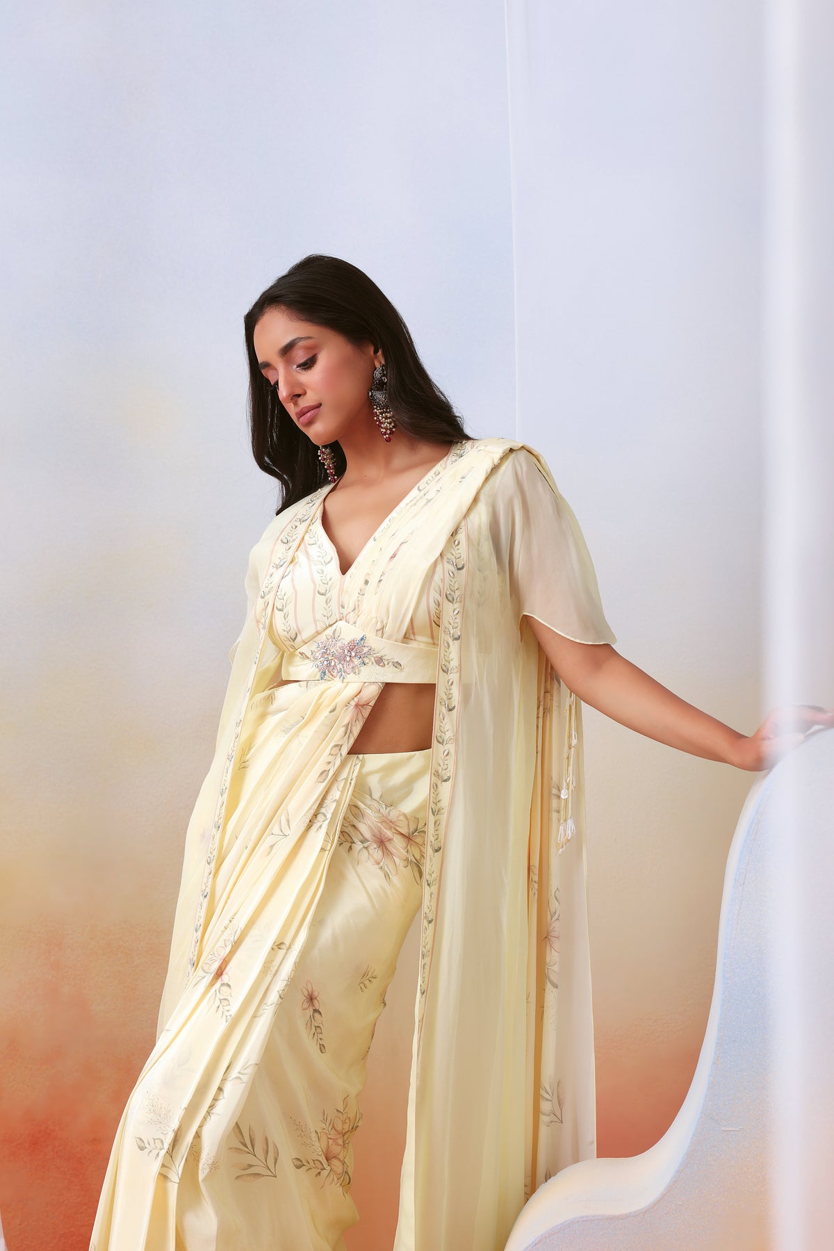Off White Pre Stitched Saree With Cape