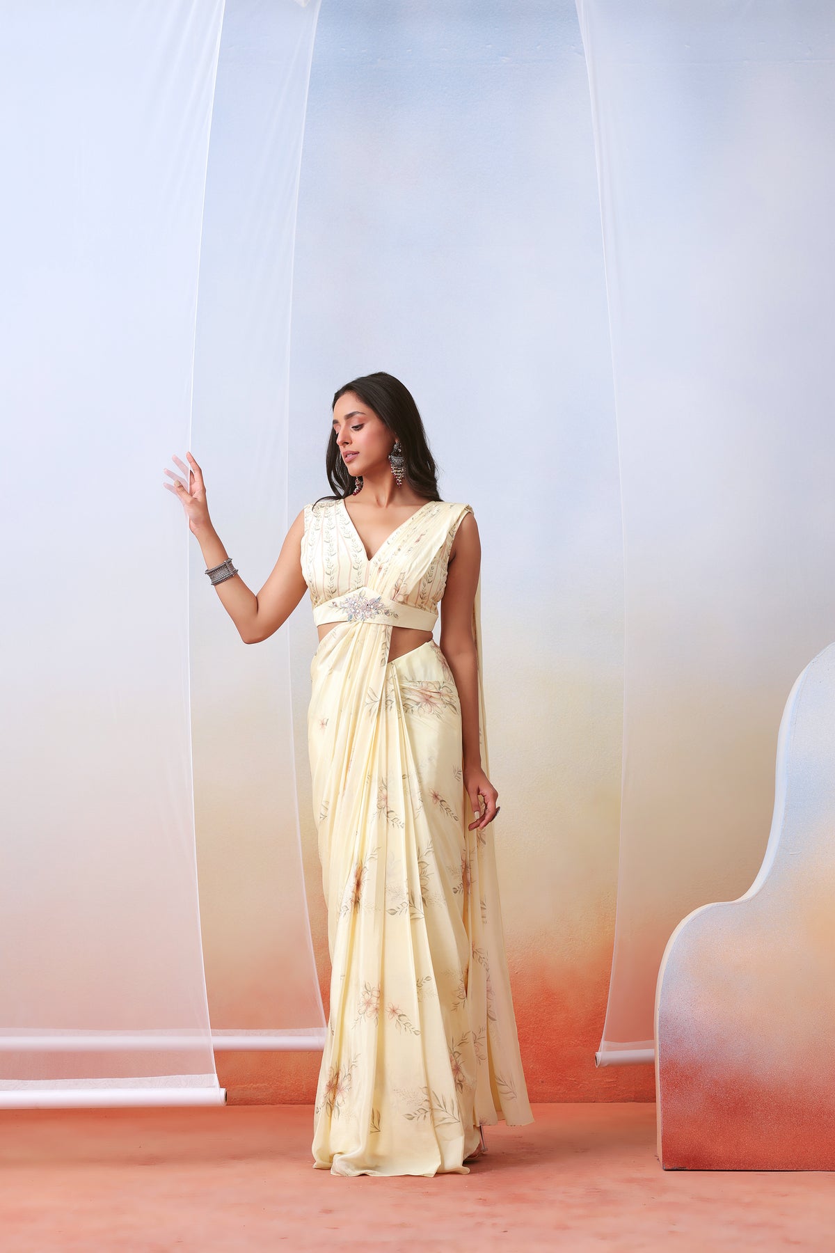 Off White Pre Stitched Saree