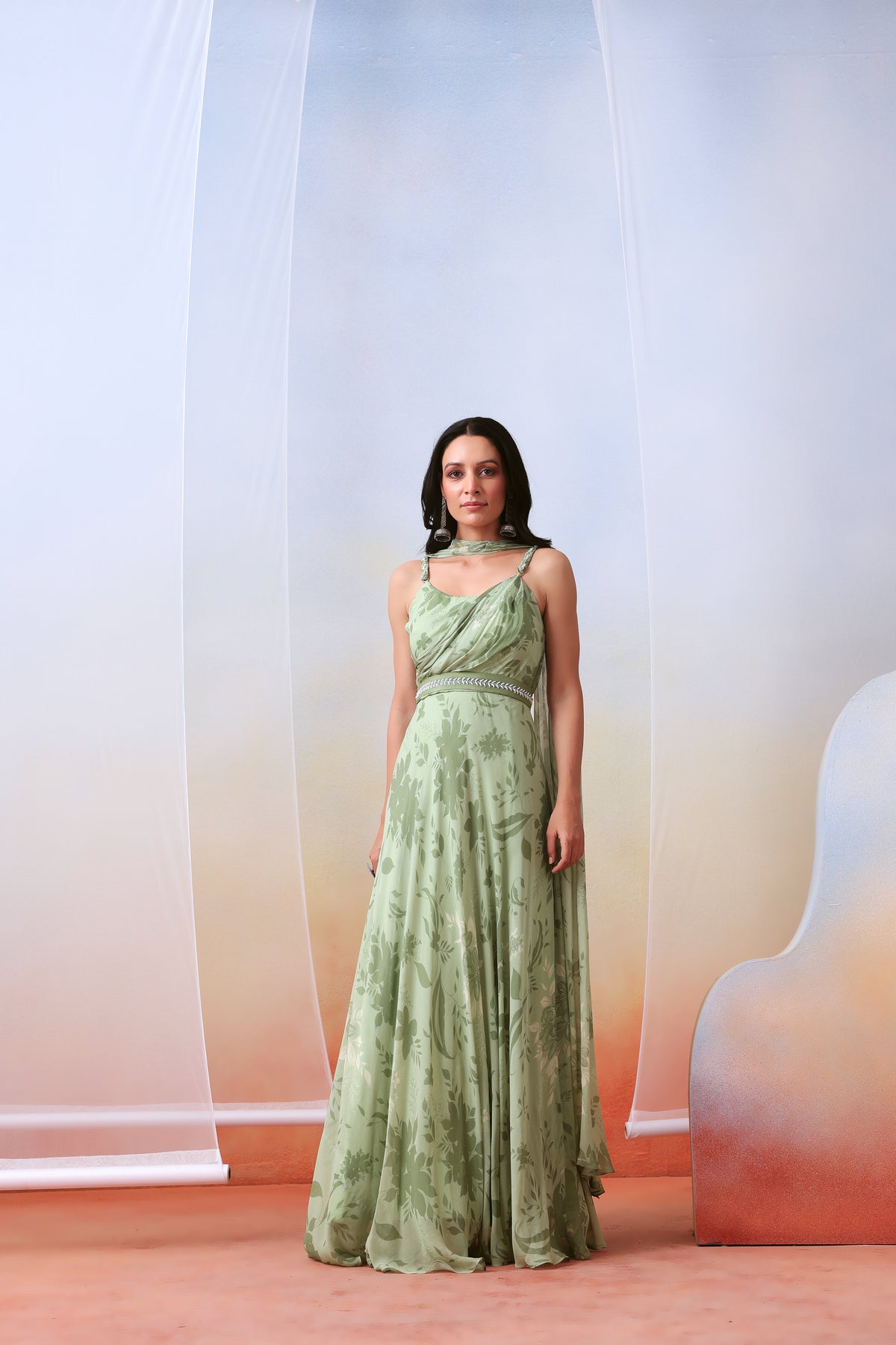 Sage Green Printed Drape Anarkali Set