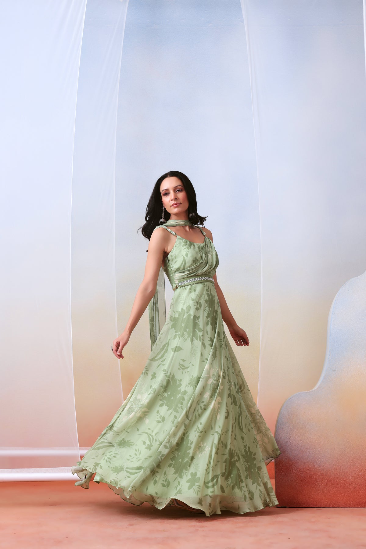 Sage Green Printed Drape Anarkali Set