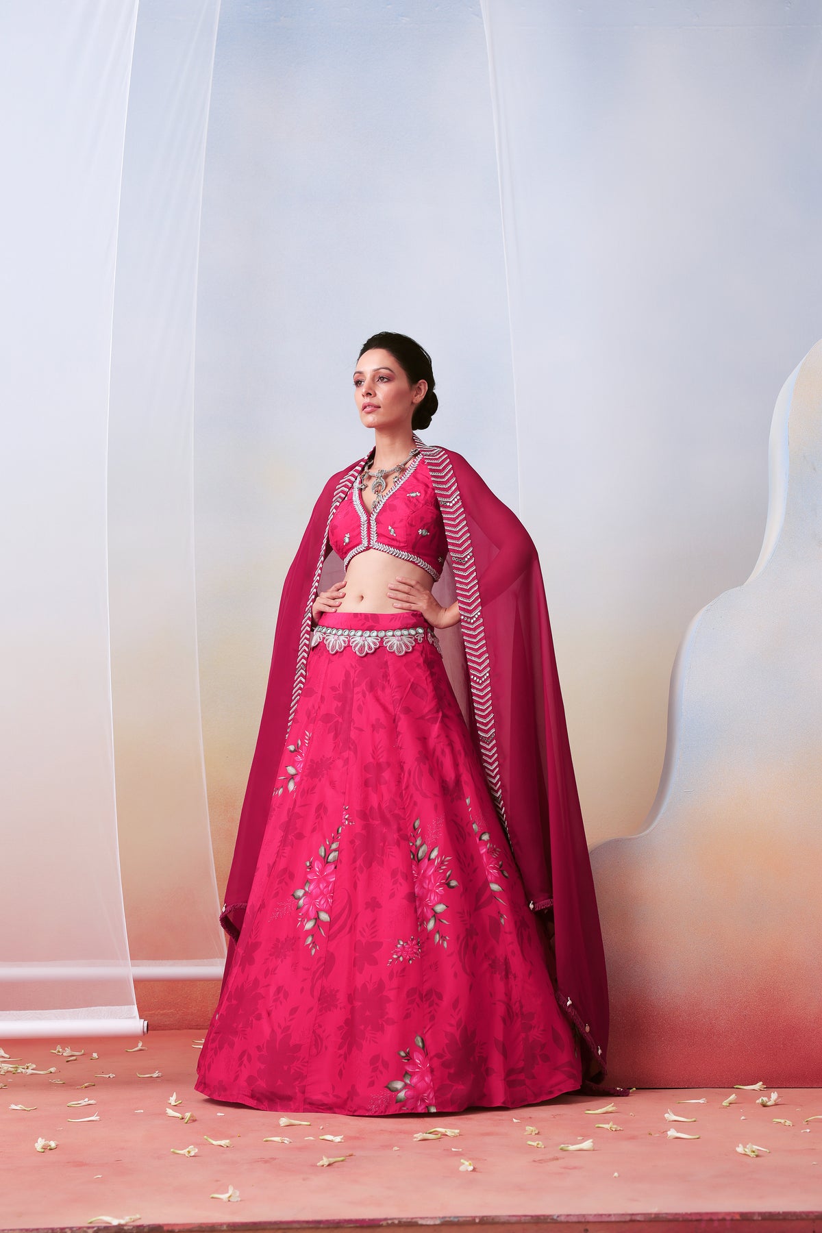 Pink Printed and Embroidered
 Lehenga Set