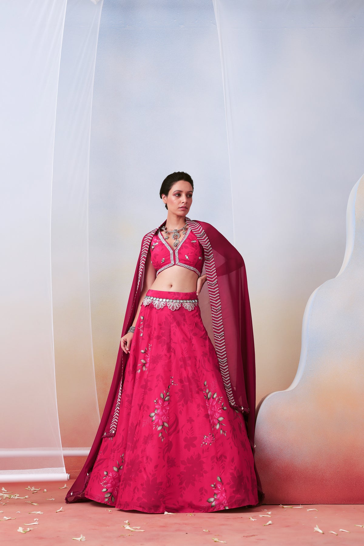 Pink Printed and Embroidered
 Lehenga Set