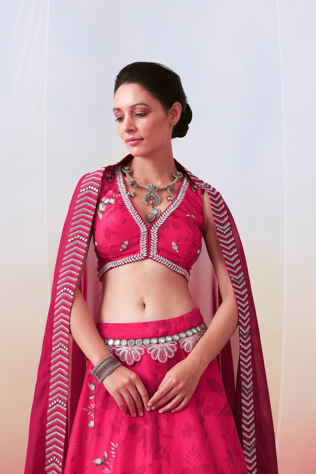 Pink Printed and Embroidered
 Lehenga Set