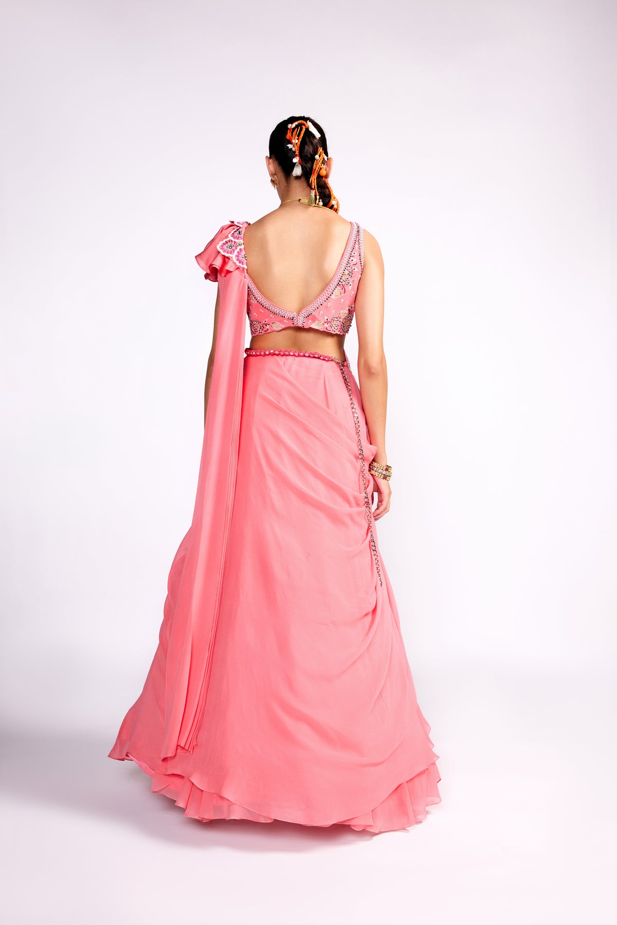 Watermelon Pink Drape Saree Set