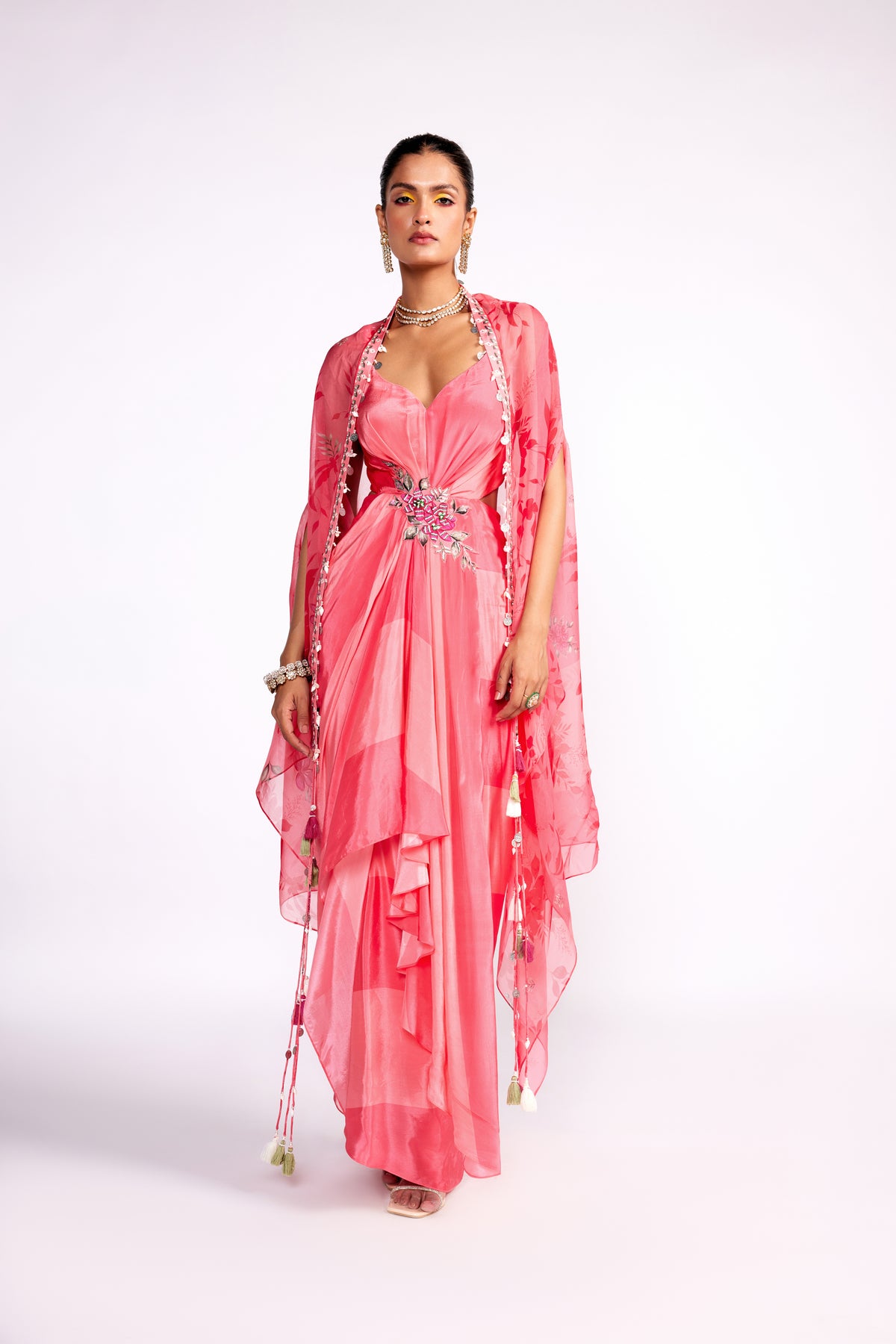Watermelon Pink Dress With Cape