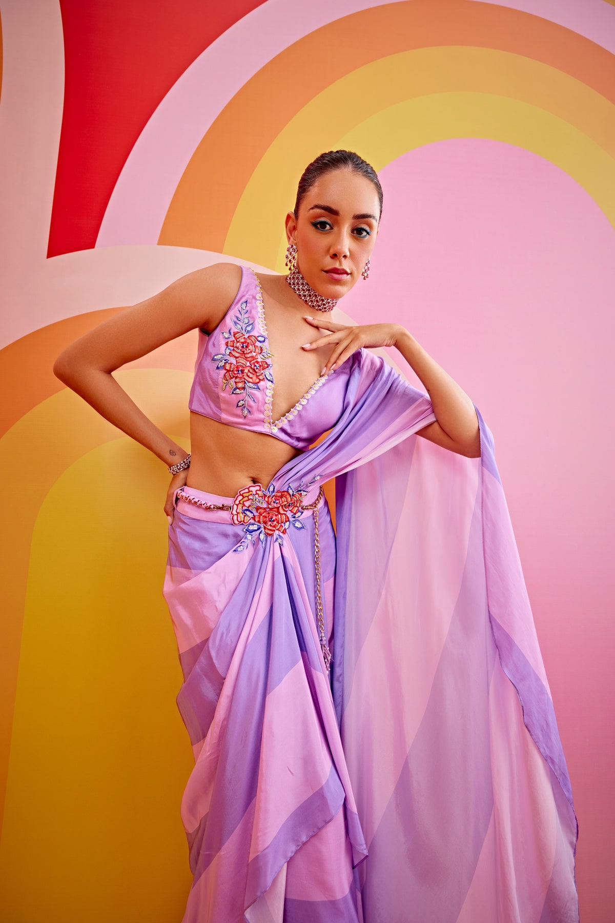 Lilac Color Block Embroidrerd Drape Saree