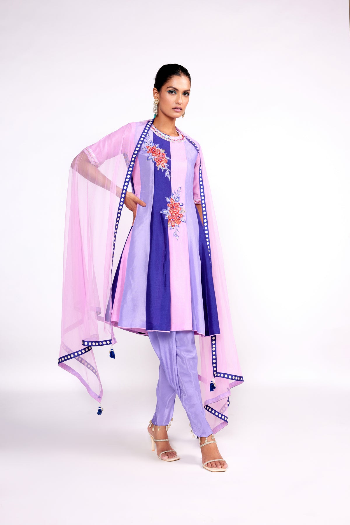 Lilac Color Block Anarkali Kurta Set