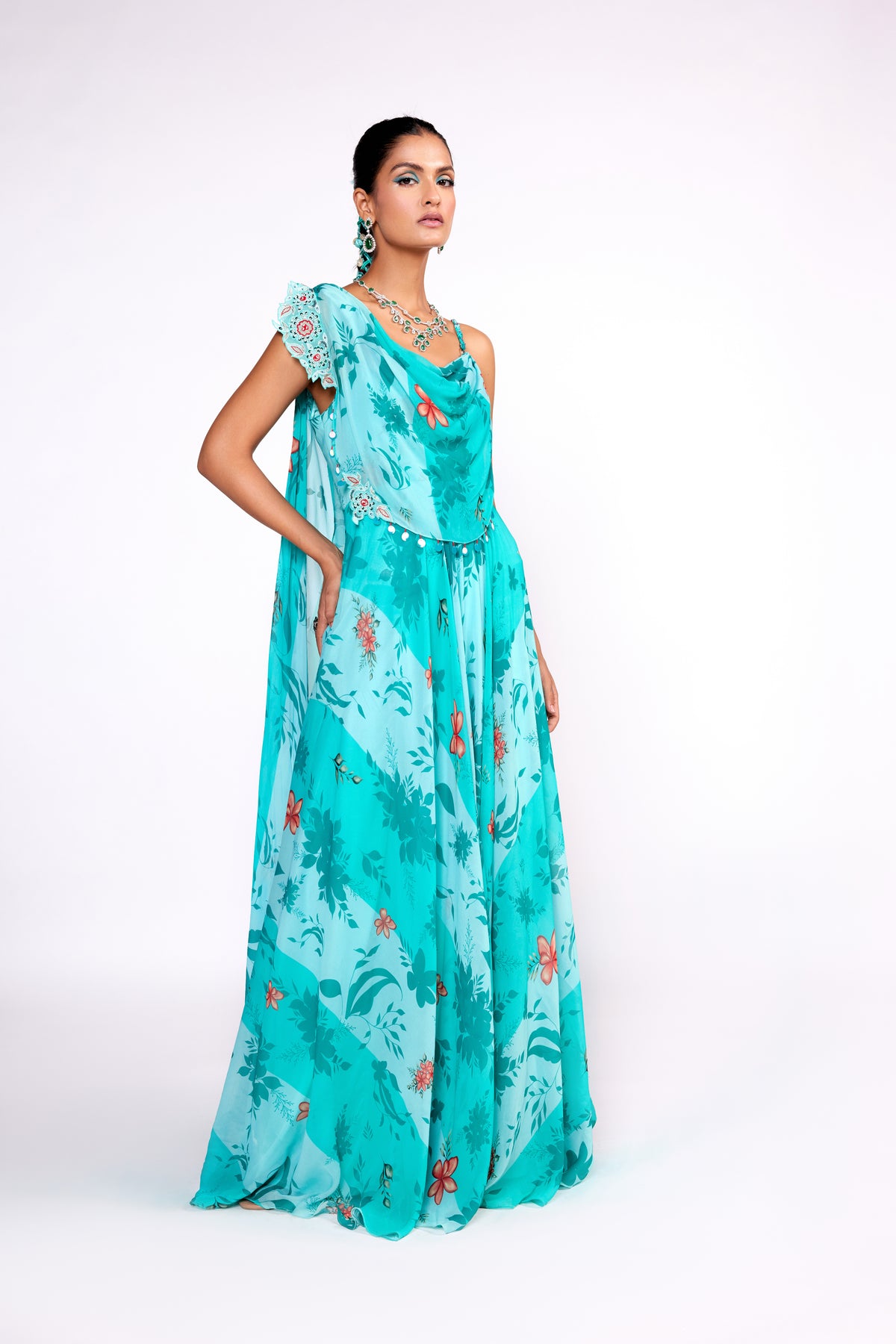 Aqua Green Embroidered Drape Jumpsuit