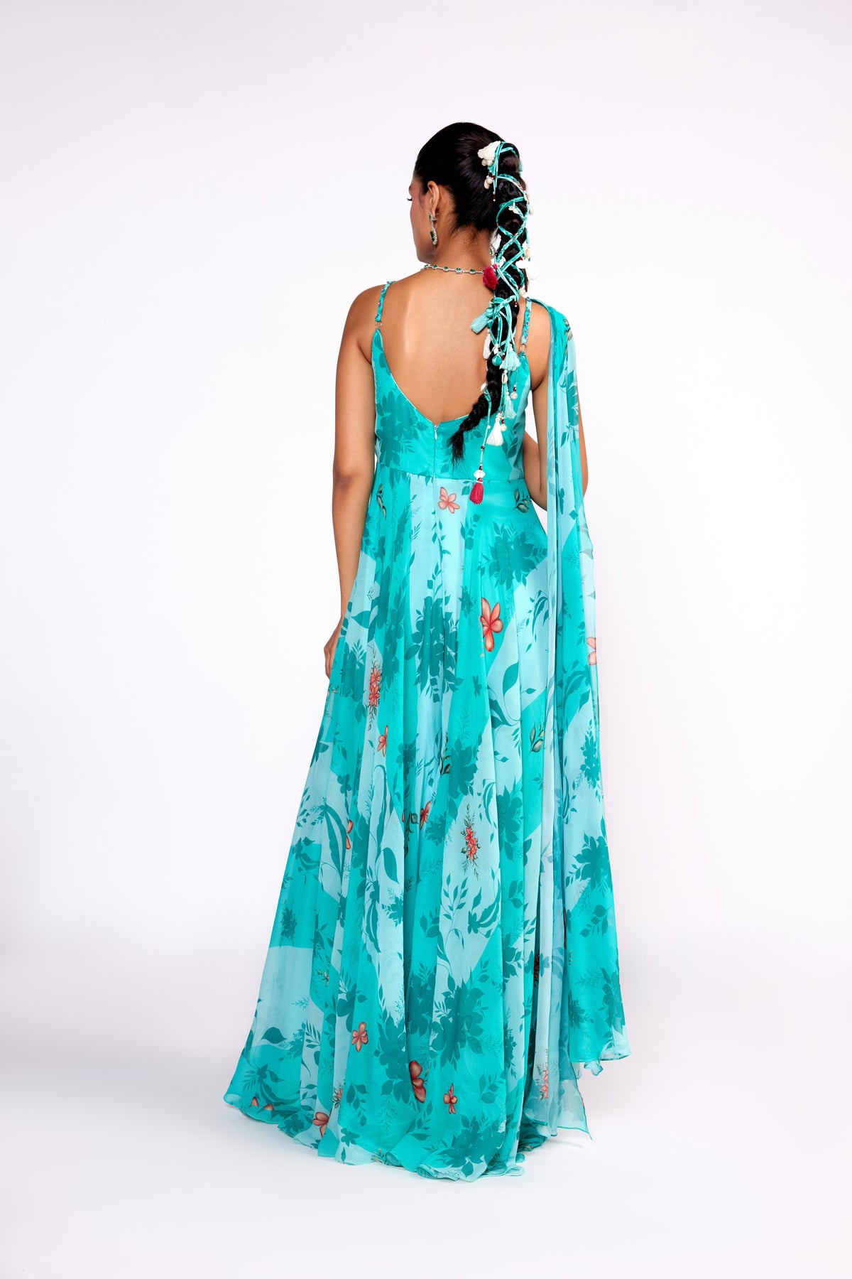 Aqua Green Embroidered Drape Jumpsuit