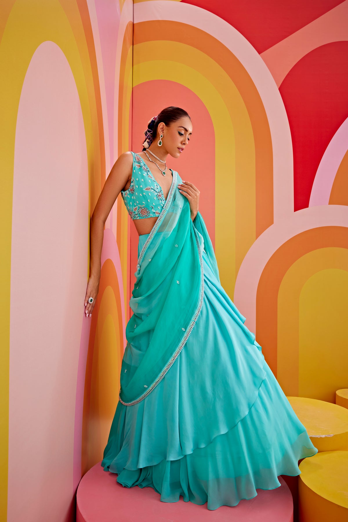 Aqua Green Embroidered Lehenga Saree Set