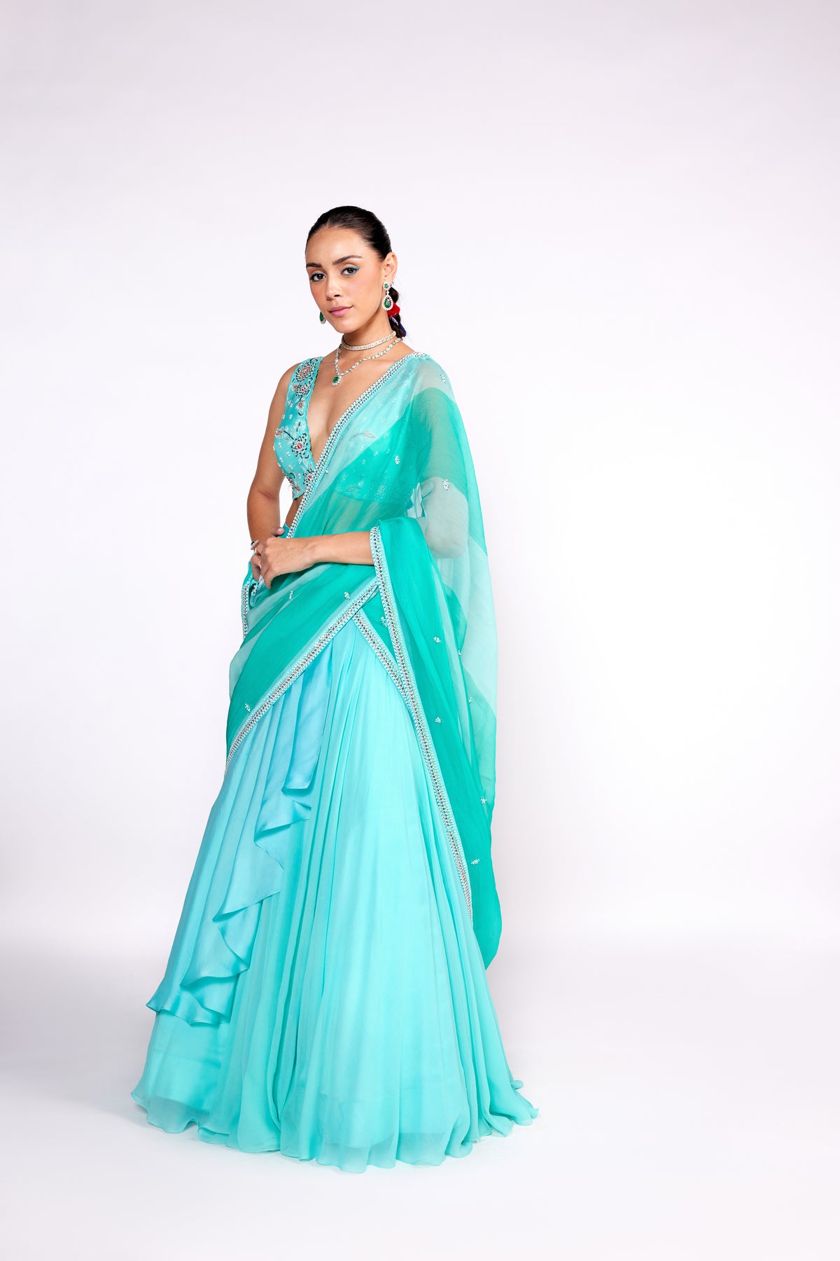 Aqua Green Embroidered Lehenga Saree Set