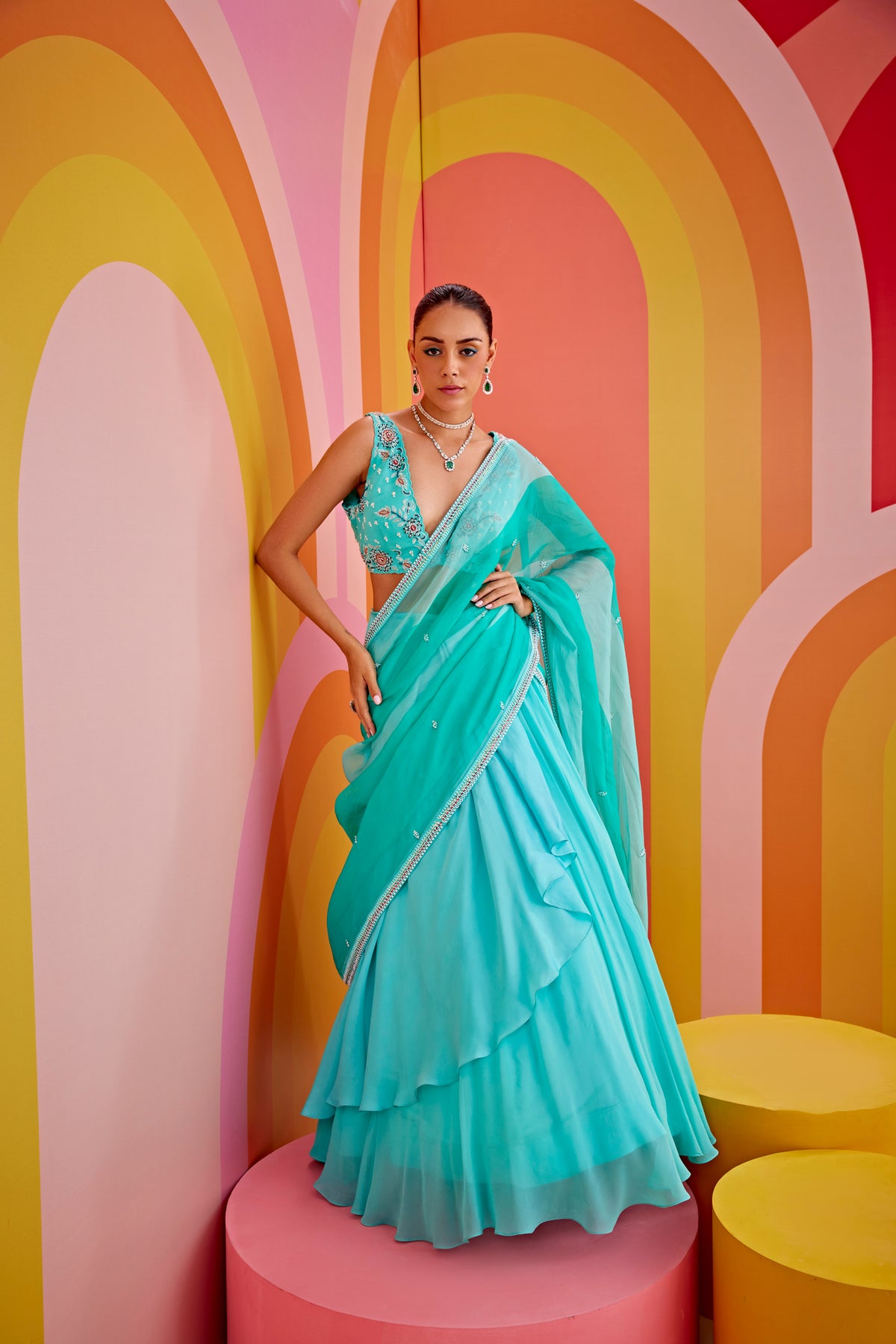 Aqua Green Embroidered Lehenga Saree Set