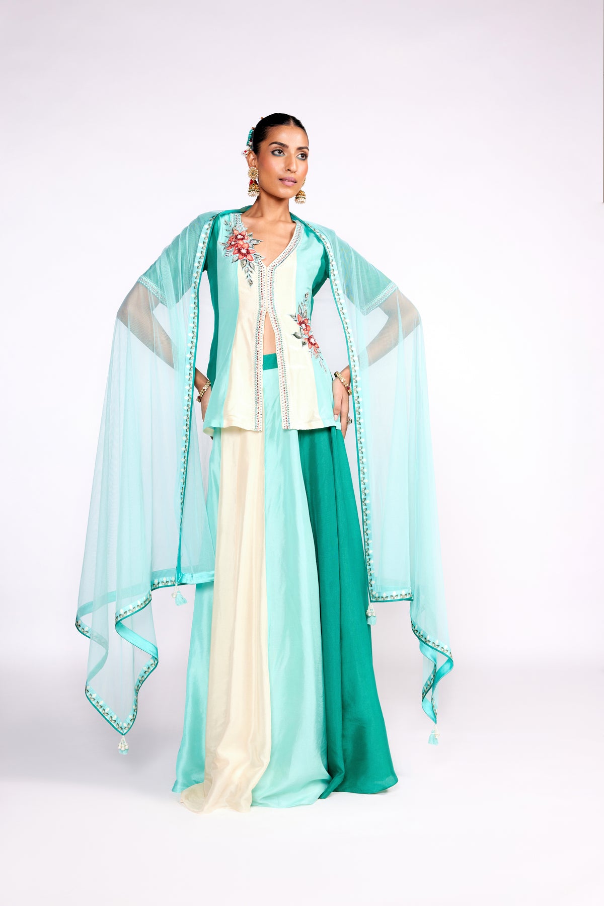 Aqua Green Color Block Peplum Skirt Set