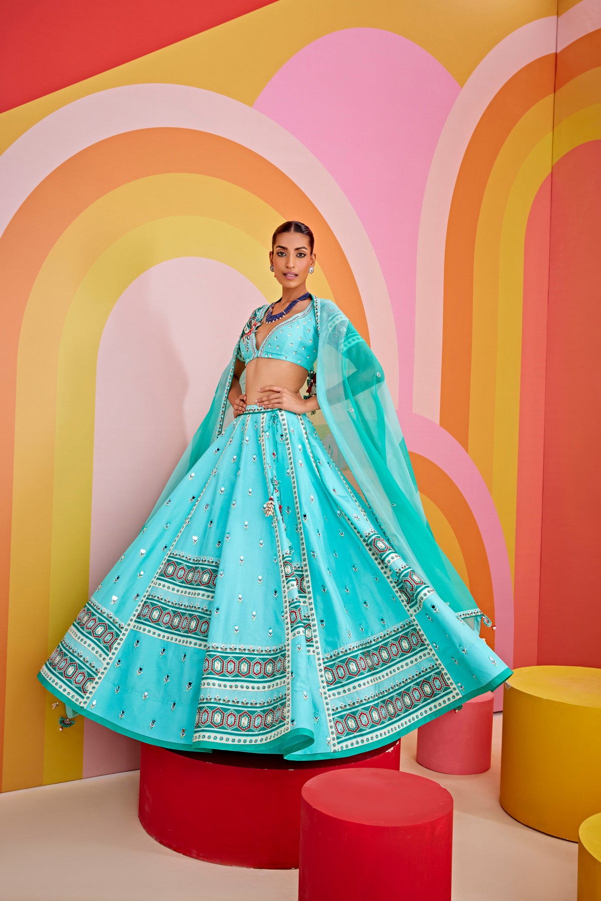 Aqua Green Embroidered Silk Lehenga Set