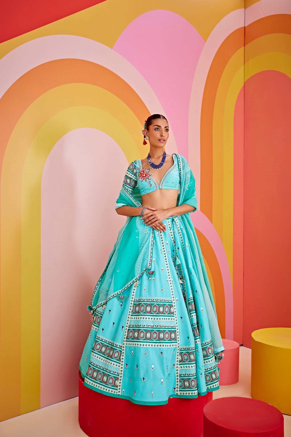 Aqua Green Embroidered Silk Lehenga Set