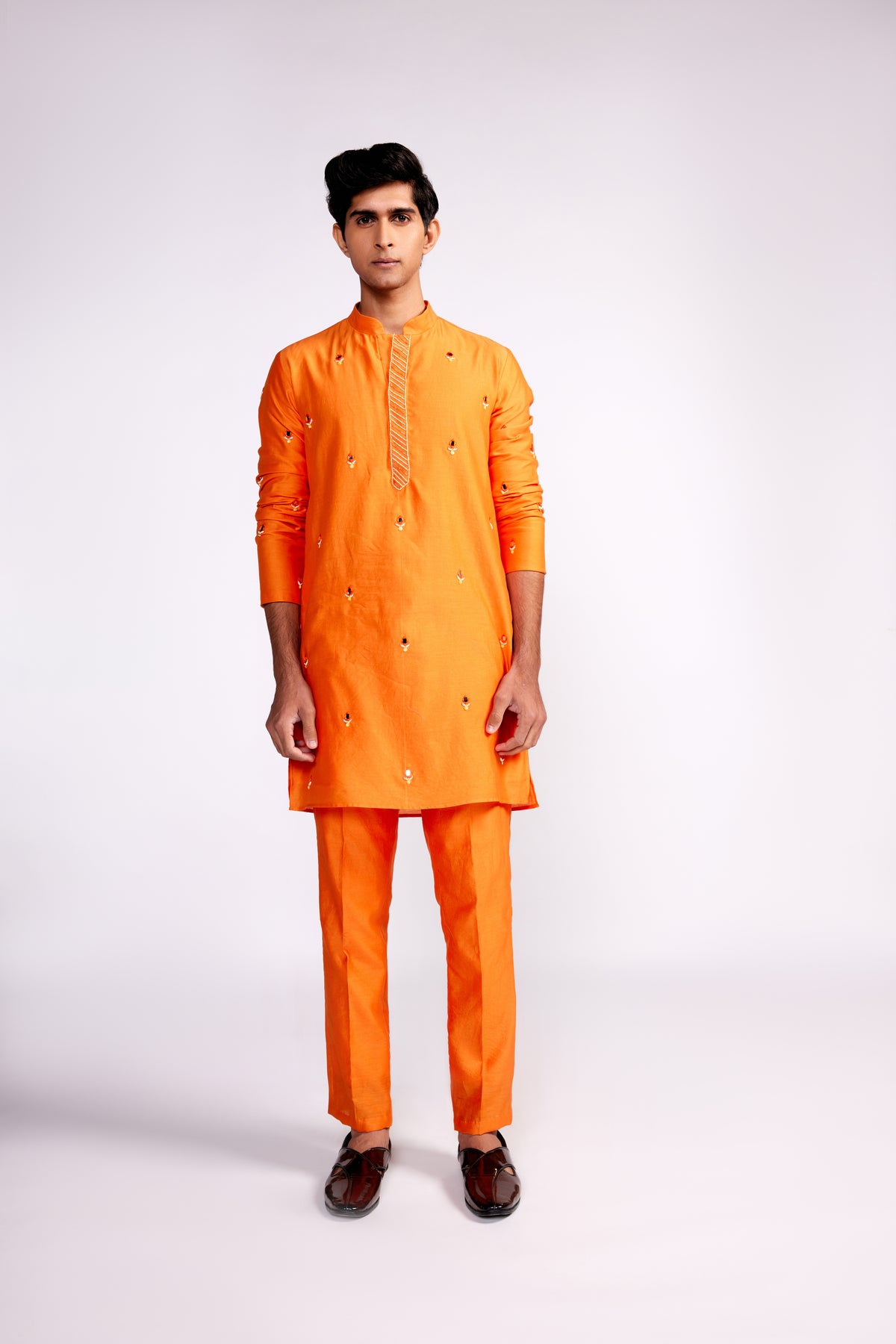 Orange Embroidered Silk Kurta Set