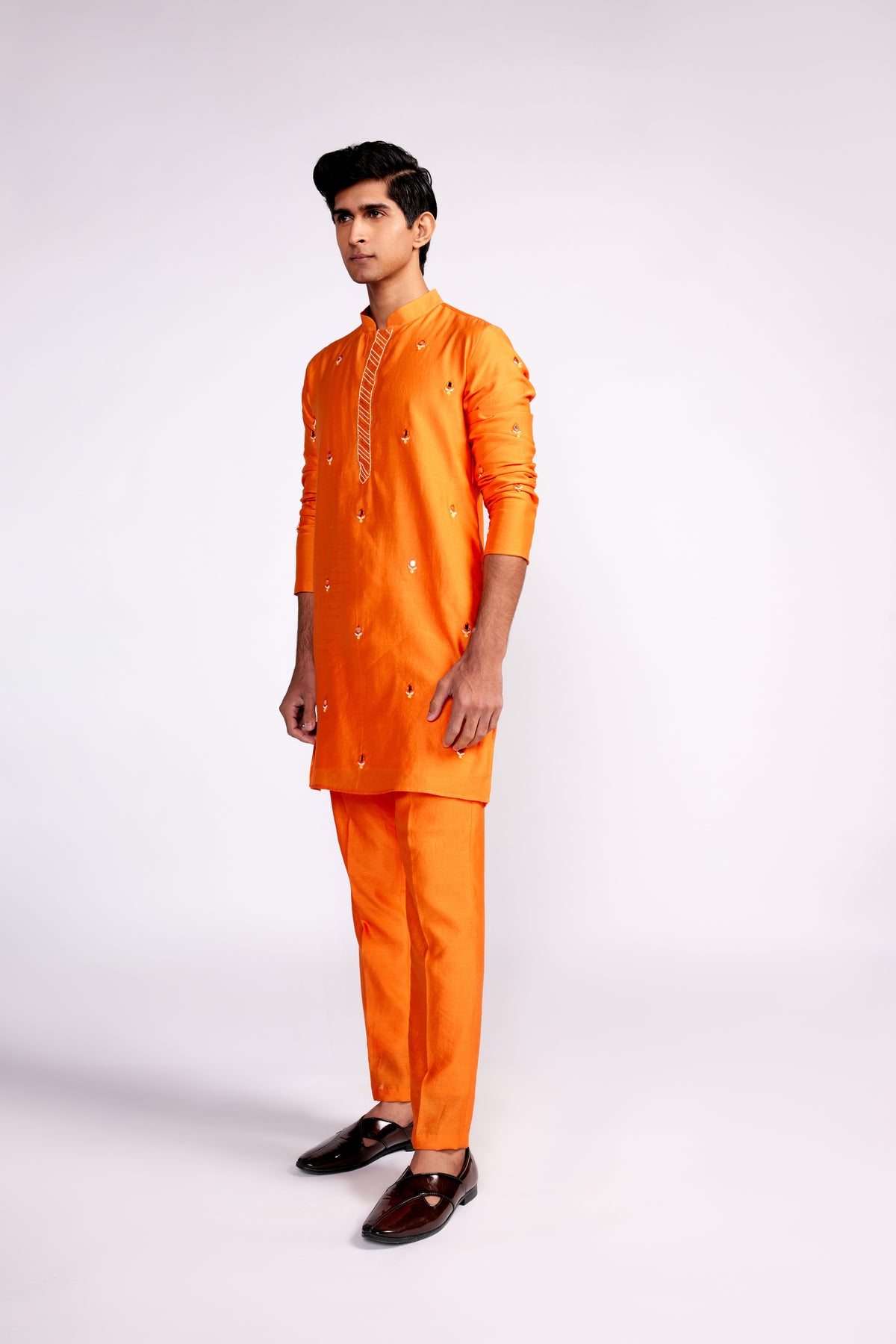 Orange Embroidered Silk Kurta Set