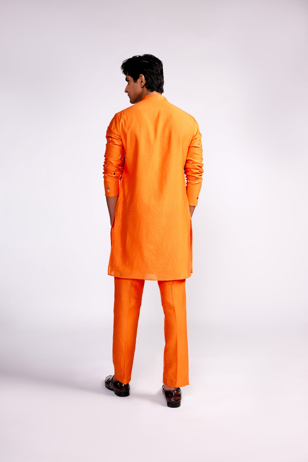 Orange Embroidered Silk Kurta Set