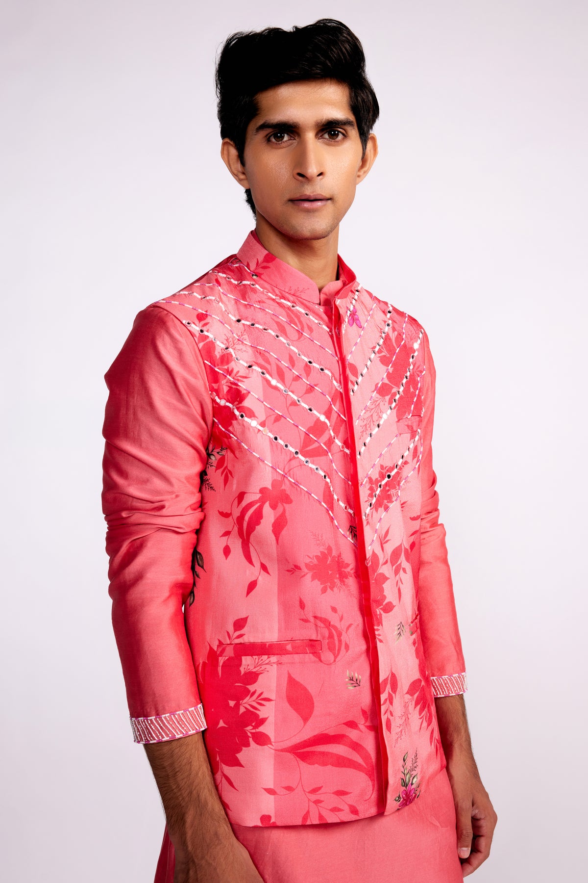Pink Printed and Embroidered Silk Nehru Jacket
